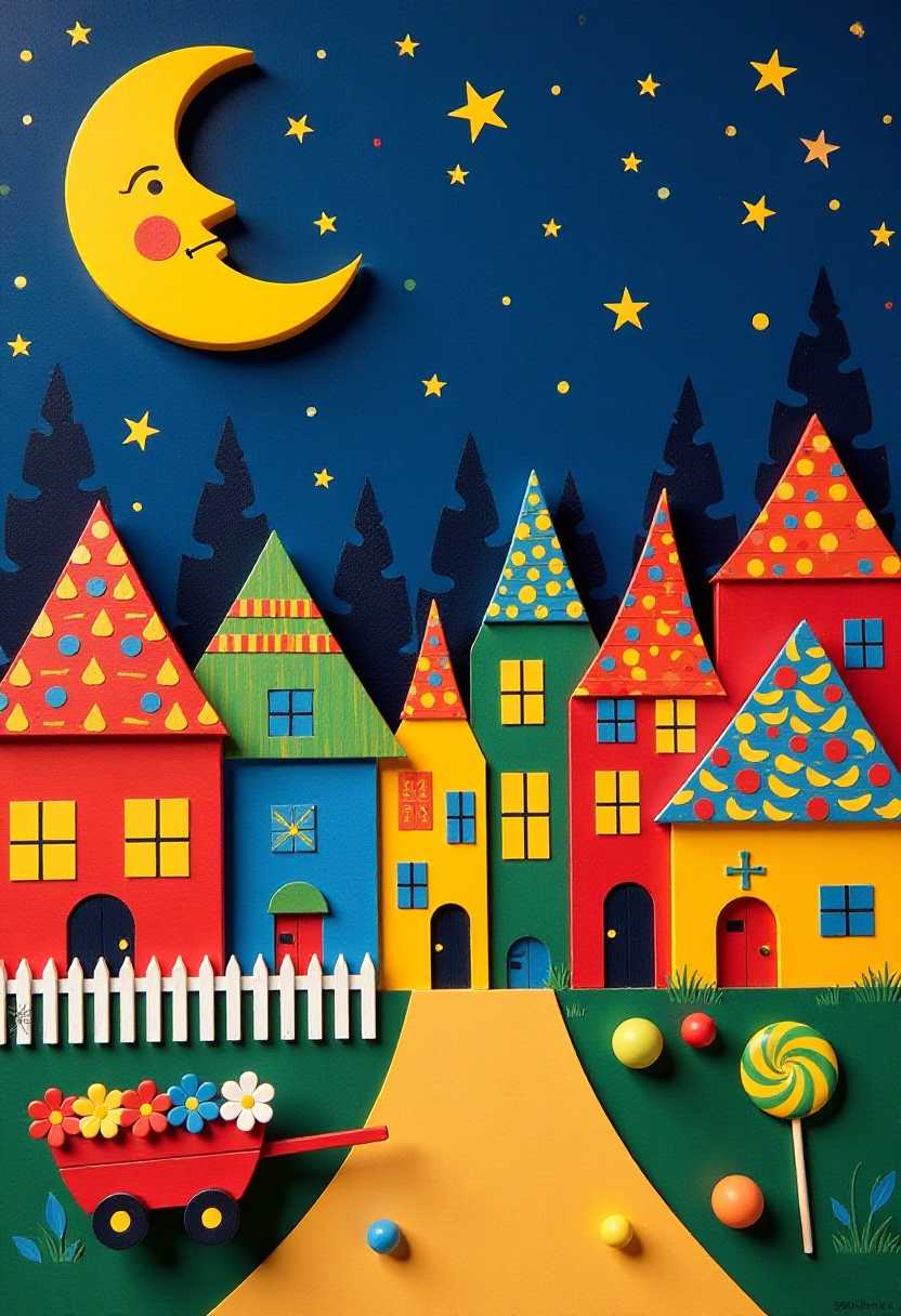 Colorful Night Village with Crescent Moon and Stars