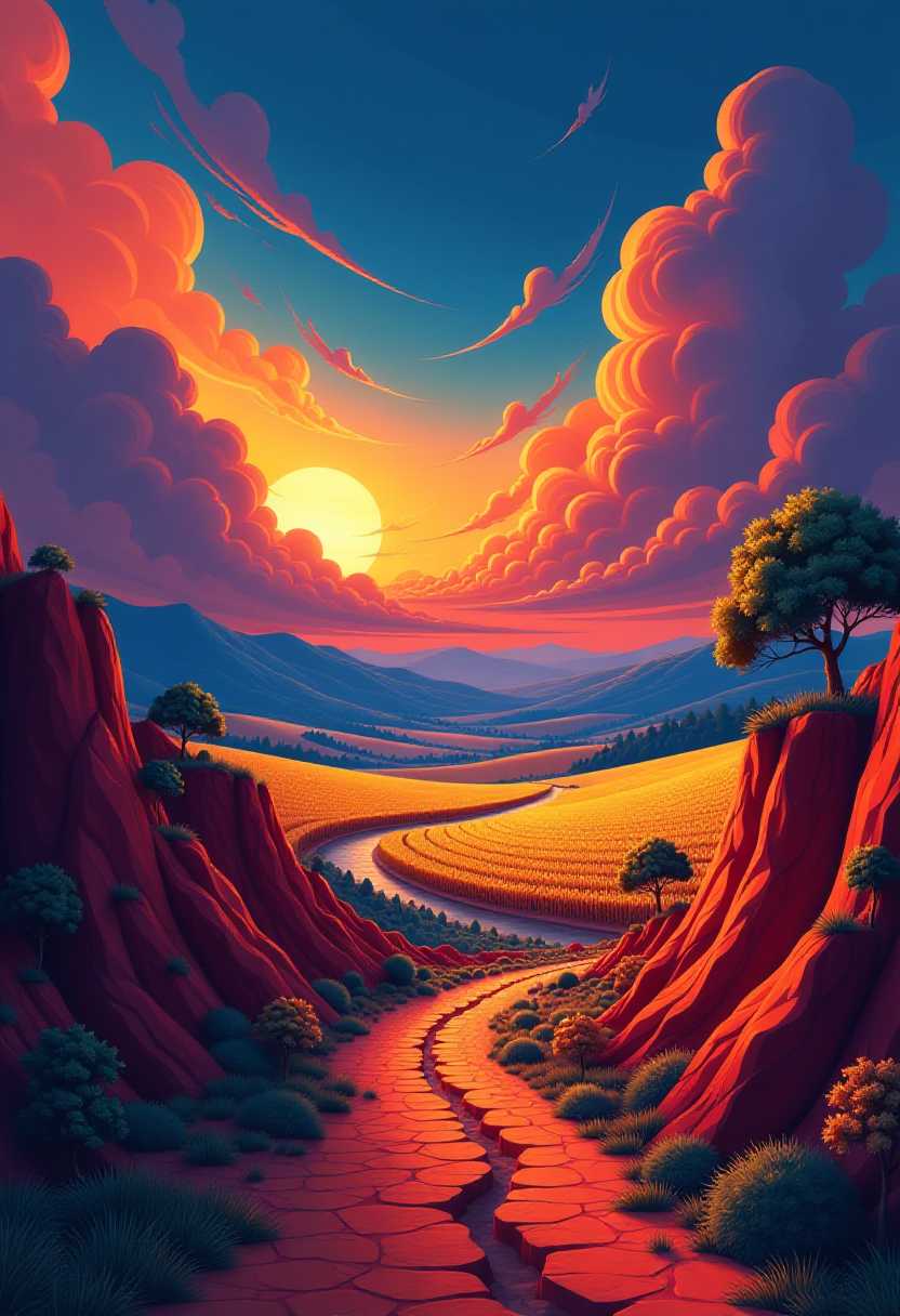 This image features simplified 3d characters and scenery that appears to be painted wooden figures or puppets without strings characterized by bold outlines, flat colors, and exaggerated shapes. This is an artwork that captures a dramatic and dynamic landscape scene. The art style is reminiscent of digital painting with a strong emphasis on bold lines and a high level of detail. The medium appears to be digital, given the smooth blending of colors and the crispness of the lines.The colors in the image are rich and vibrant, with a strong contrast between the warm and cool tones. The sky is a canvas of swirling clouds, painted in a gradient of blues, purples, and fiery oranges and reds. The sun, positioned on the left side of the image, bathes the clouds in a warm, golden light, creating a sense of depth and movement.The foreground of the image features a rugged terrain with undulating lines that resemble the texture of the earth. The colors here are a mix of browns and oranges, with the occasional touch of greenery. There is a sense of depth and dimension as the lines draw the eye towards the horizon.In the middle ground, there is a vast field of crops, neatly lined up in rows. The crops are a golden yellow, which stands out against the darker tones of the earth. The field stretches to the horizon, where it meets the treeline and the rolling hills.The treeline is sparse, with only a few trees visible. These trees are depicted in a realistic style, with detailed foliage and branches. They are positioned on the right side of the image, creating a natural frame for the landscape.