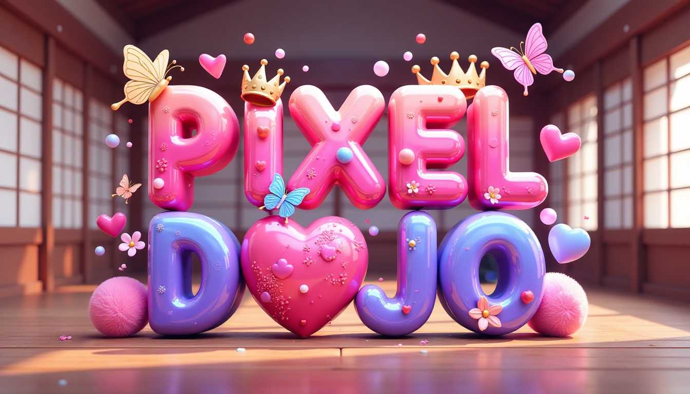 A 3D render of a whimsical and vibrant digital artwork with the text "PIXEL DOJO" in glossy, colorful pink and purple letters. Decorative elements such as colorful splashes, hearts, and a crown adorn the letters. Butterflies of varying sizes float around the text. A fluffy pink heart, smaller hearts, and bubbles of different sizes surround the text. The background is interior of a japanese dojo