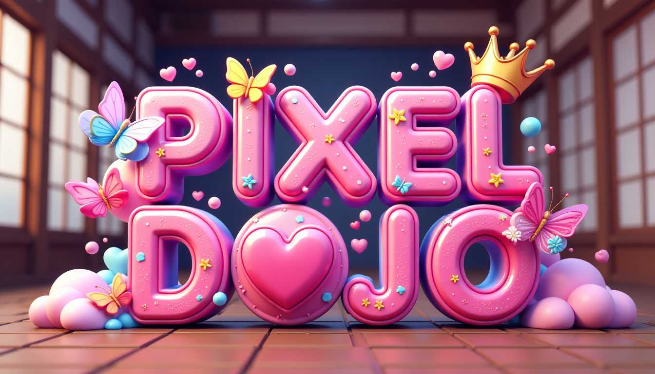 A 3D render of a whimsical and vibrant digital artwork with the text "PIXEL DOJO" in glossy, colorful pink and purple letters. Decorative elements such as colorful splashes, hearts, and a crown adorn the letters. Butterflies of varying sizes float around the text. A fluffy pink heart, smaller hearts, and bubbles of different sizes surround the text. The background is interior of a japanese dojo