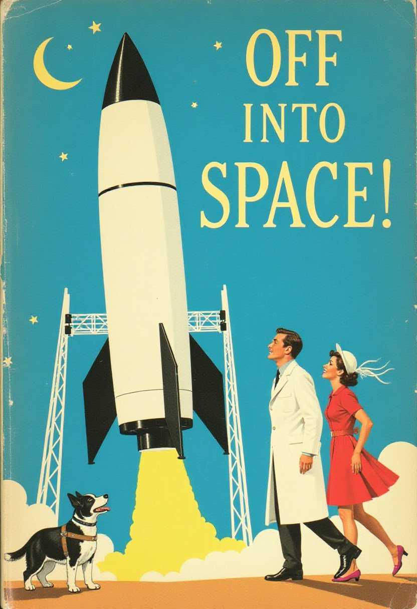 This image is a vintage book cover with the title OFF INTO SPACE! in bold, uppercase letters. The background color is a light blue, which gives the cover a nostalgic and somewhat retro feel. The art style is midcentury modern, characterized by its clean lines, bold shapes, and use of primary colors.The central focus of the cover is a large rocket ship, which is the most prominent object. The rocket is white with black detailing, and its depicted in a stylized, simplified form. Its launching from a gantry structure, which is also white with black details. The rocket is topped with a pointed cone, and there are stars and a crescent moon in the sky, suggesting a nighttime setting.On the left side of the rocket, theres a dog, which is black and white, and its wearing a harness and leash. The dog is looking up at the rocket, which adds a sense of motion and excitement to the scene. On the right side of the rocket, there are two figures, a man and a woman, who are also in profile view. They are dressed in what appears to be spacethemed outfits, with the man wearing a white lab coat and the woman wearing a skirt and blouse. The womans hat is flying off, which adds a sense of dynamism to the scene. Both figures are also looking up at the rocket, and they seem to be in motion, as if they are excited about the rocket launch.The overall feel of the image is one of adventure and exploration, emphasized by the rocket ship and the figures expressions. The use of primary colors and the midcentury modern art style contribute to the vintage aesthetic of the cover.