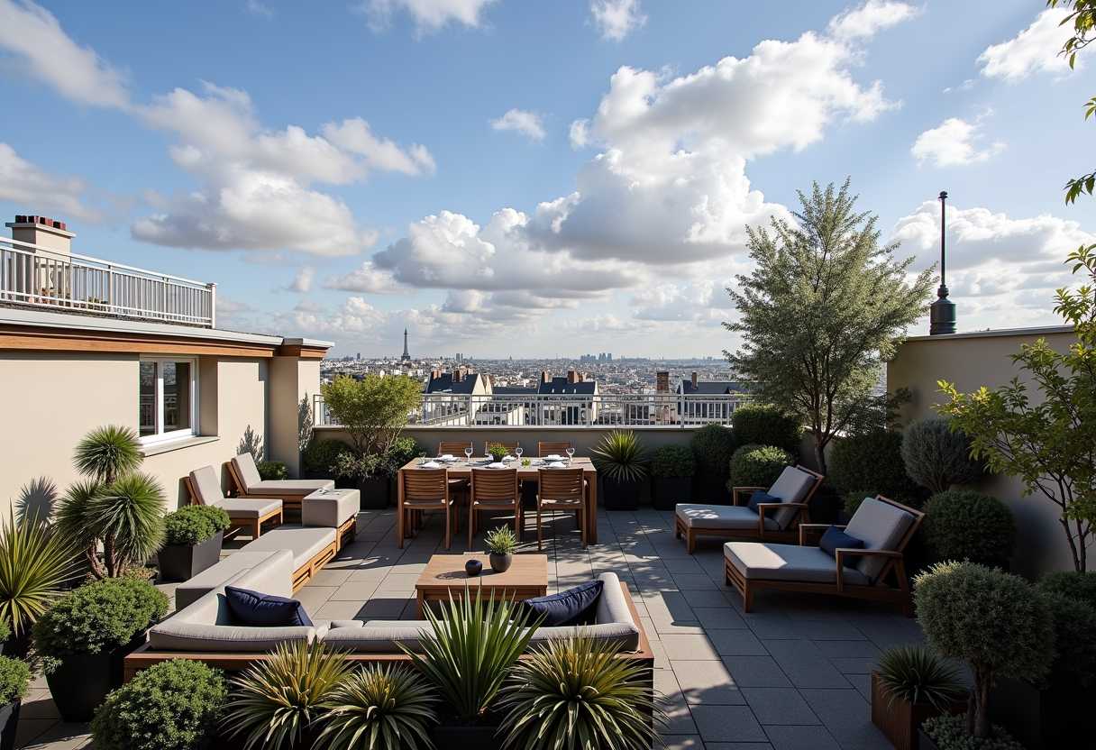 a terrace overlooking the rooftops of Paris, luxuriously furnished with a dining area and a lounge surrounded by garden’s green plants and a few deckchairs to soak up the sun.