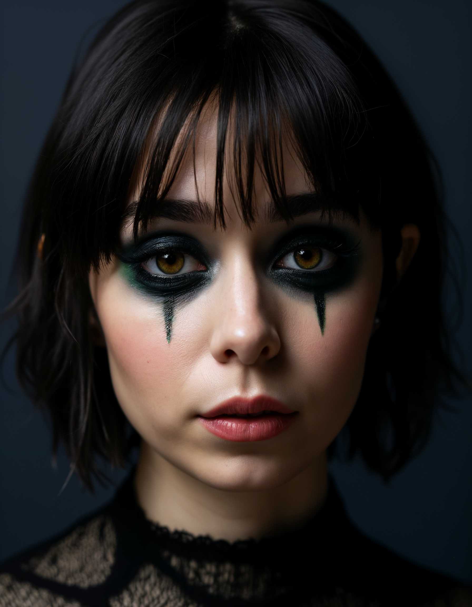 AI-generated image: young woman with goth makeup, masterpiece, best quality, highres, sharp image, more detail <lora:mor