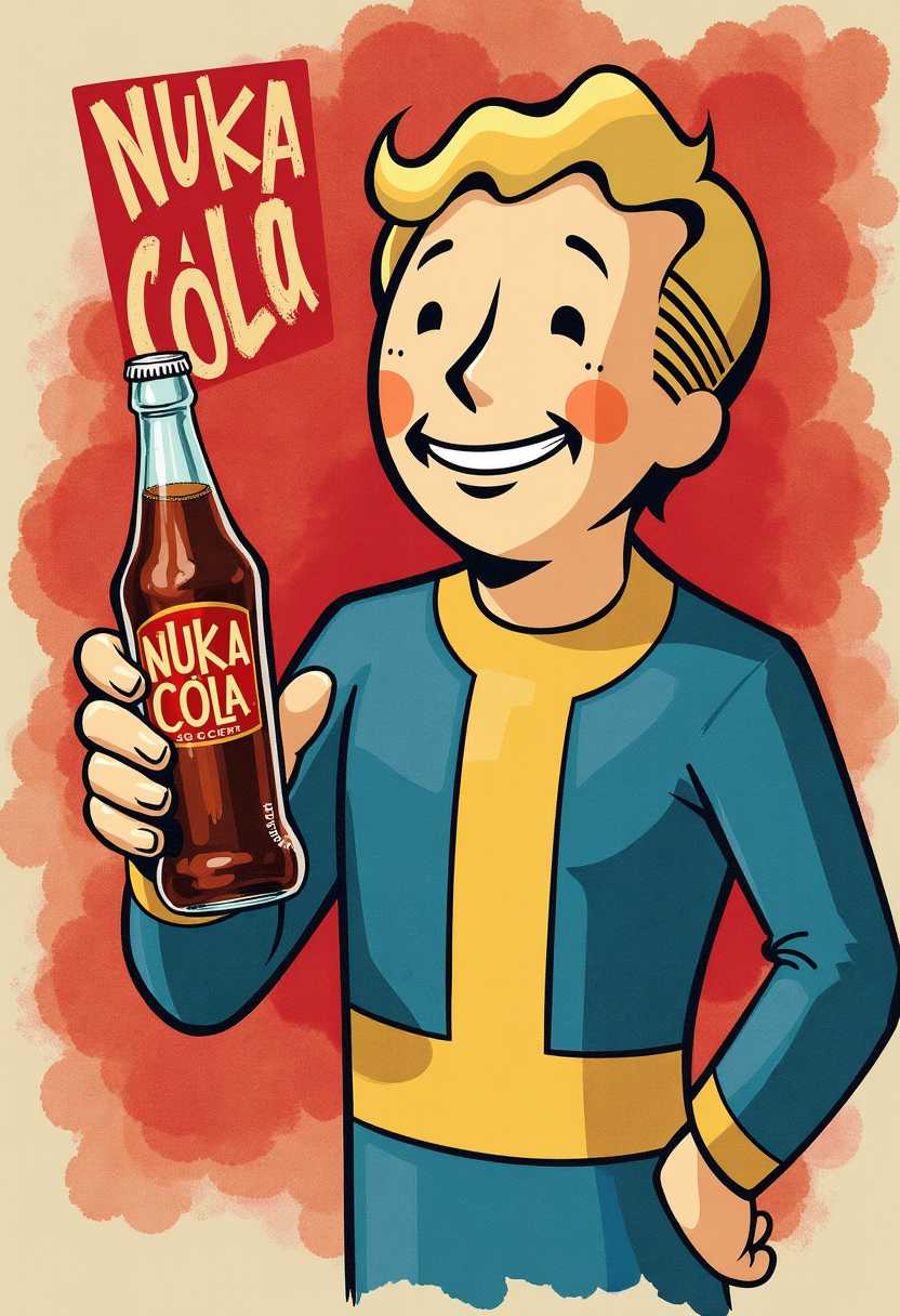 1950's watercolor poster, Vault-tec pip-boy holding a bottle of "NUKA COLA" from fallout, giving a thumbs up and wink. background title "NUKA COLA" "10¢" top of poster