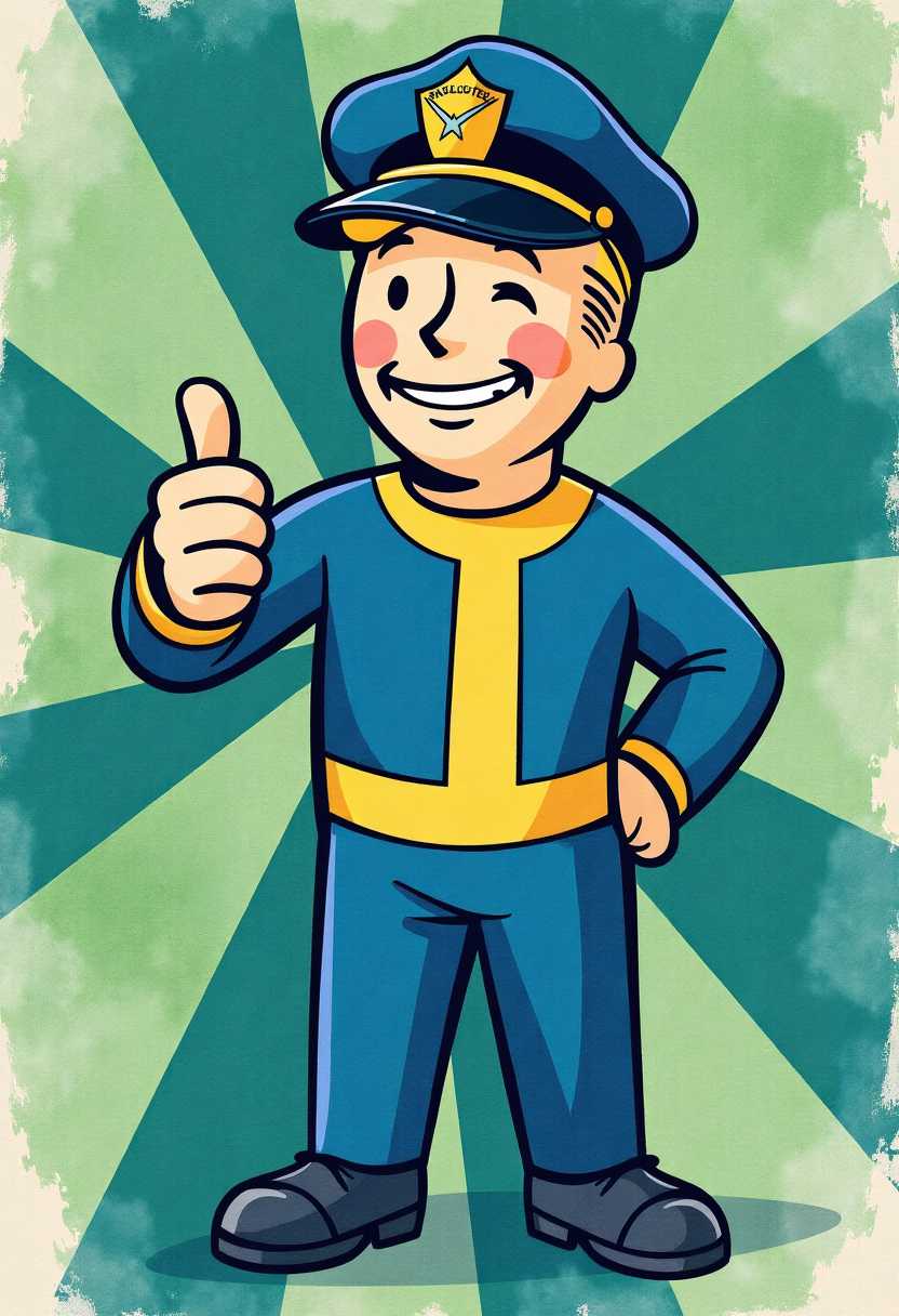 CGI image watercolor vault-tec pip-boy style of fallout giving a wink and thumbs up, blue Fallout uniform, background is 1950's ad duotone Color blue green circus rays from the center.