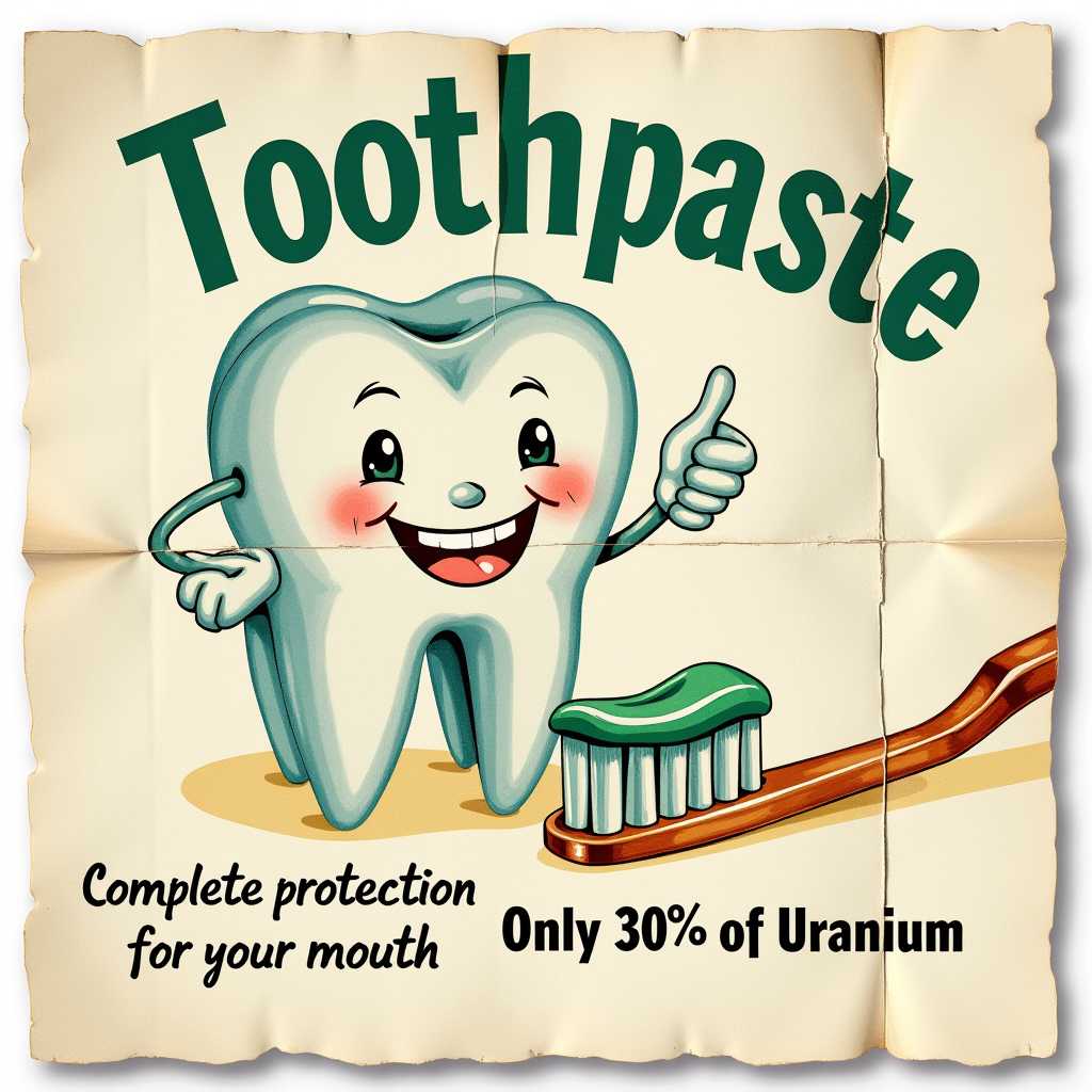 cgi image of a 1950's watercolor toothpaste ad, folded paper, weathered showing a tooth with a smile and thumbs up, and toothbrush with green/white toothpaste, TEXT "Toothpaste" "Complete protection for your mouth" "Only 30% of Uranium"