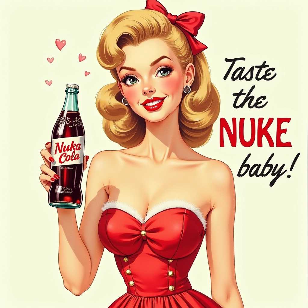 1950's pin-up watercolor, girl holding a bottle of "NUKA COLA" wearing strapless dress, hair bow, red dress, text "Taste the NUKE baby!" (Nuka Cola), full shot, wide shot
