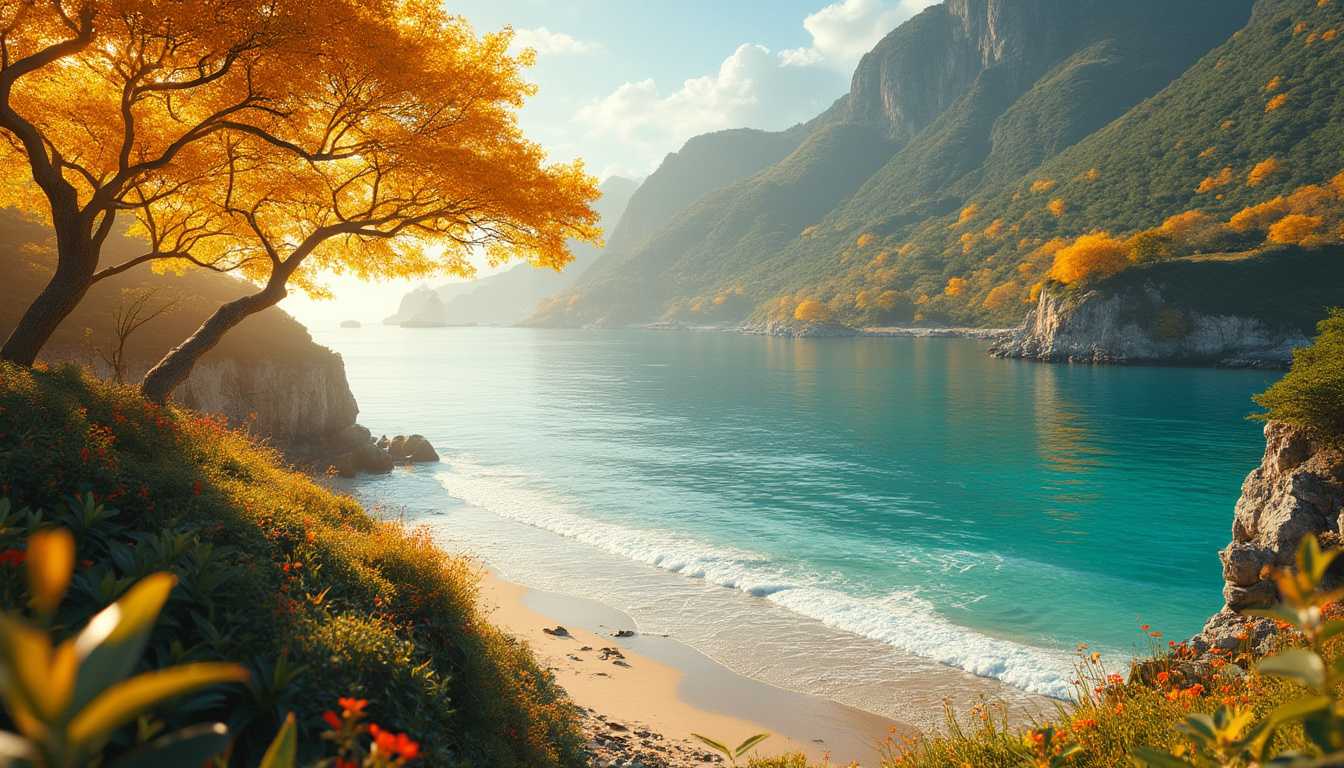 Create a breathtaking and peaceful safe haven by the sea, where the crystal-clear waters gently lap against a pristine shoreline. Towering trees made of pure gold line the coast, their radiant golden leaves shimmering in the sunlight and reflecting beautifully on the calm, turquoise sea. The beach is surrounded by lush, vibrant greenery, with colorful flowers and soft grasses, creating a striking contrast with the golden trees. The sunlight filters through the golden leaves, casting a warm and ethereal glow over the entire scene. The peaceful sound of the waves and the golden reflections in the water create a sense of serenity, wonder, and magic—a perfect escape where time seems to stand still.