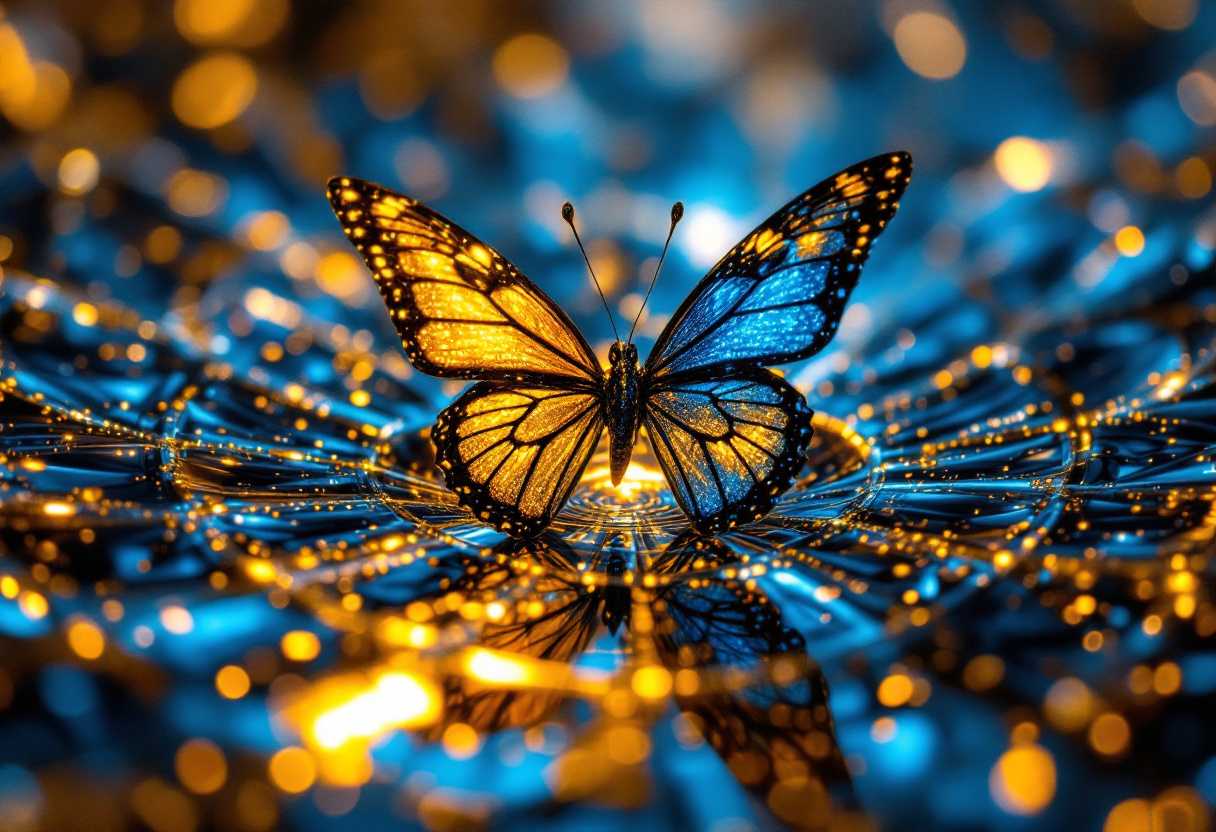 A butterfly reflected within a Fractal Infinity Mirror, creating endlessly repeating patterns and dimensions. Use shimmering gold and sapphire blue to produce a mesmerizing visual effect