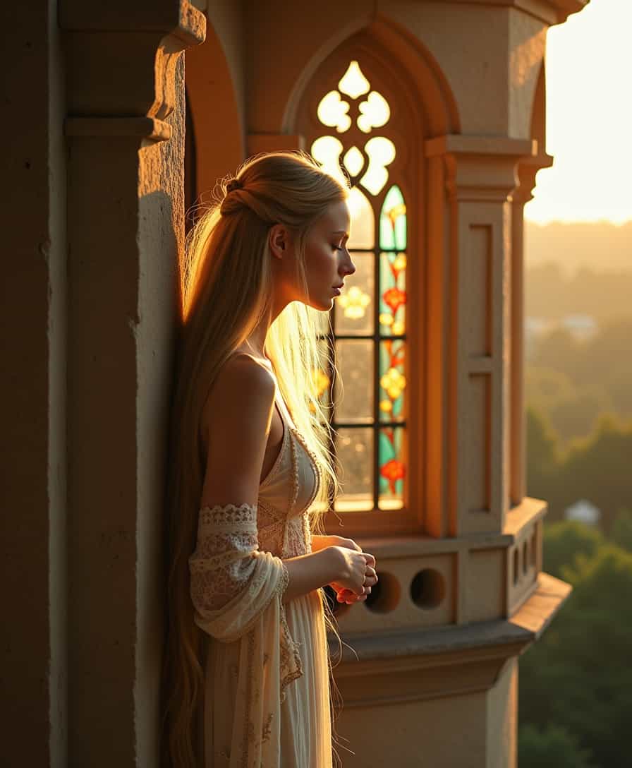 shot outside looking up, a woman with Rapunzel-like hair cascading down a castle tower window, golden sunlight illuminating her tresses, reminiscent of a Pre-Raphaelite painting, Canon EOS-1D X Mark III camera capturing the scene, soft focus lens effect, ethereal glow, reminiscent of Annie Leibovitz's portrait style, Art Nouveau architectural details, stained glass window reflections, reminiscent of a Gustav Klimt painting, delicate lace curtains fluttering in the breeze, reminiscent of a John William Waterhouse artwork, Nikon AF-S NIKKOR 85mm f/1.4G lens, soft bokeh background, reminiscent of a David Hamilton photograph, golden hour lighting, reminiscent of a Maxfield Parrish landscape, delicate floral patterns on the window frame, reminiscent of a William Morris design, Leica M10 Monochrom camera capturing the shadows, reminiscent of a Helmut Newton photograph, soft pastel color palette, reminiscent of a Claude Monet painting, vintage sepia tone, reminiscent of a Sally Mann photograph, intricate wrought iron balcony, reminiscent of a Gaudí design, soft whispers of wind, reminiscent of a Botticelli painting, gentle, dreamlike atmosphere, reminiscent of a Tim Walker fashion shoot, Canon RF 50mm f/1.2L USM lens, reminiscent of a Sarah Moon photograph, subtle vignette effect, reminiscent of a Cindy Sherman portrait, ethereal, timeless beauty, reminiscent of a Richard Avedon photograph, surreal, fairytale-like ambiance, reminiscent of a Lewis Carroll illustration.