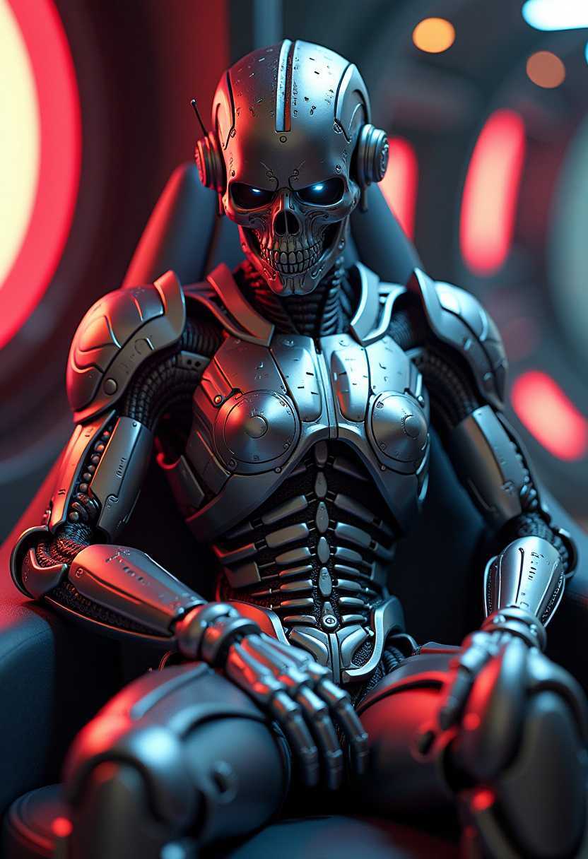 Ultra-detailed cyborg in a spaceship, with anthropomorphic cybernetic skeleton elements on metal armor, neon lights reflections, reflection mapping, intricate design and details, dramatic lighting, hyperrealism, photorealistic, cinematic, 8k