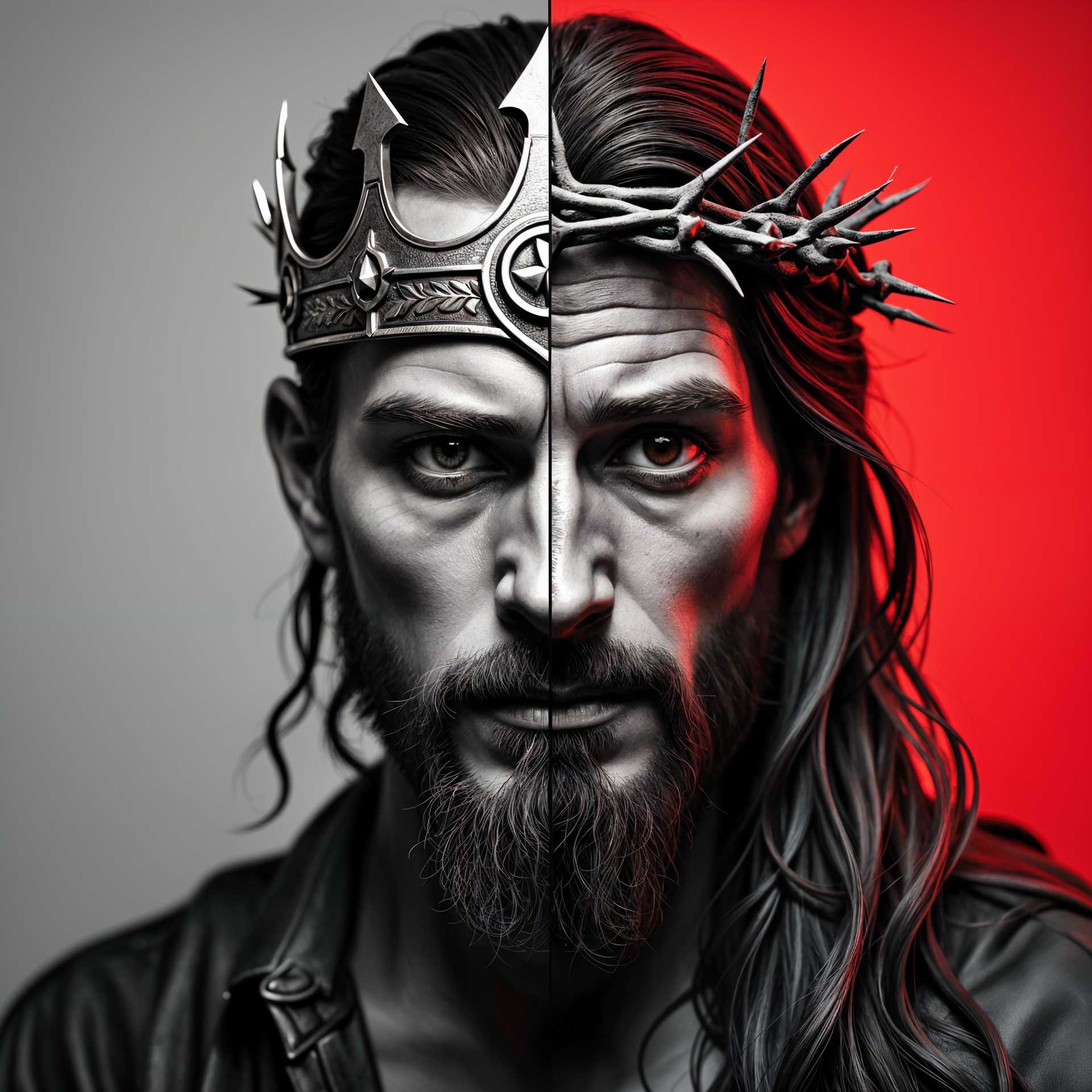 AI-generated image: A 3d photo of a man, split into two contrasting halves. One side is grayscale with intricate nordic