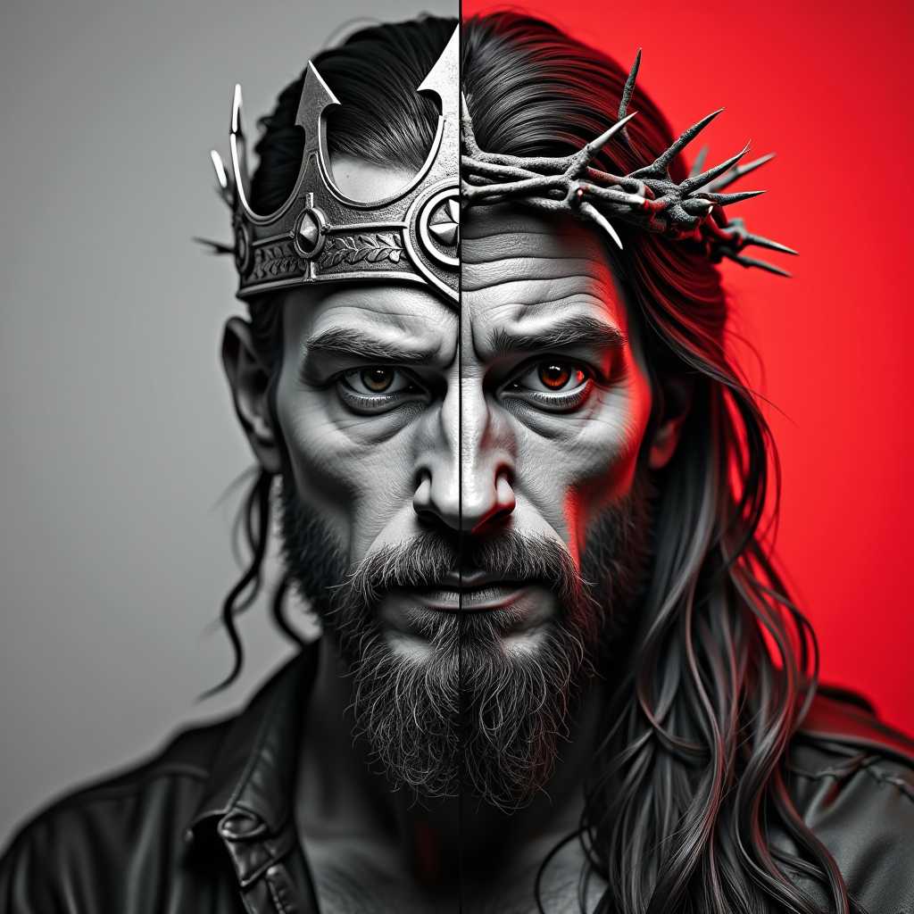 A 3d photo of a man, split into two contrasting halves. One side is grayscale with intricate nordic viking with crown and a serious expression, while the other side is in vivid colors with a more intense and fierce look of Jesus with thorns. The background is divided into gray and red, enhancing the contrast between the two halves. The overall style is edgy and artistic, blending elements of fantasy and modern tattoo art.
