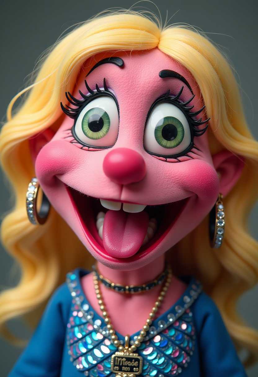 This image features a closeup of a puppet with a highly stylized and exaggerated appearance. The puppet has a pink complexion, with a large, open mouth that reveals a row of white teeth. The mouth is wide enough to show the puppets tongue, which is sticking out playfully.The puppets eyes are large and expressive, with one eye being green and the other a pale yellow. The green eye has a prominent, thick black eyelash and a small black dot for an iris, while the yellow eye has a similar black eyelash and a white dot for an iris. The puppets eyebrows are thick and black, with the right eyebrow having a grayish hue.The puppets hair is blonde and styled in loose, curly locks that fall to the sides of the head. The hair strands are detailed with a slight sheen, giving the impression of a soft, plush texture.The puppet is wearing a blue garment with a sparkling, rhinestonestudded design that covers the torso. The rhinestones are arranged in a pattern that resembles scales or a constellation. The puppet also wears a gold necklace with a pendant that has a name tag, although the name is not clearly legible.The puppets accessories include a pair of hoop earrings with a black and white color scheme, featuring a row of small, clear rhinestones. The earrings are attached to the puppets ears with what appears to be small, thin metal wires.The art style of the puppet is cartoonish and exaggerated, with a focus on bold lines and bright, vivid colors. The medium used to create the puppet is not immediately apparent, but it appears to be a soft, plush material, likely felt or a similar fabric, given the texture and appearance of the puppet.Overall, the image conveys a playful and whimsical mood, emphasized by the puppets exaggerated features and colorful, sparkling accessories.