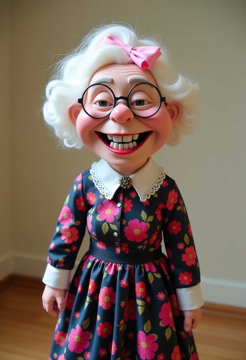 This image features a puppet with a highly stylized and exaggerated appearance, reminiscent of a caricature. The puppet is designed to resemble an elderly woman, with a large, toothy grin, round glasses, and a voluminous wig with a pink bow on top. The wig is predominantly white with hints of pink, and the puppets skin tone is a light pink.The puppet is dressed in a floral dress with a dark background and a multitude of small, bright flowers in shades of pink, red, and green. The dress has a long, full skirt and long sleeves with a white lace collar that features a black and gold brooch at the neckline. The puppets hands are not visible in the image.The puppet is set against a simple, unadorned background that consists of a lightcolored wall and a wooden floor. The lighting in the room is soft and even, casting no harsh shadows and highlighting the puppets features without creating any distracting highlights or shadows.The art style of the puppet is cartoonish, with a focus on exaggerated facial expressions and a playful, whimsical aesthetic. The puppets design is not realistic, with features like the oversized mouth and the large, round glasses contributing to its comical appearance. The puppets costume and accessories are also designed to enhance its elderly persona, with the floral dress and lace collar adding a touch of traditional grandmotherly charm.Overall, the image is a playful and whimsical representation of an elderly woman, designed to evoke joy and laughter through its exaggerated features and cartoonish style.