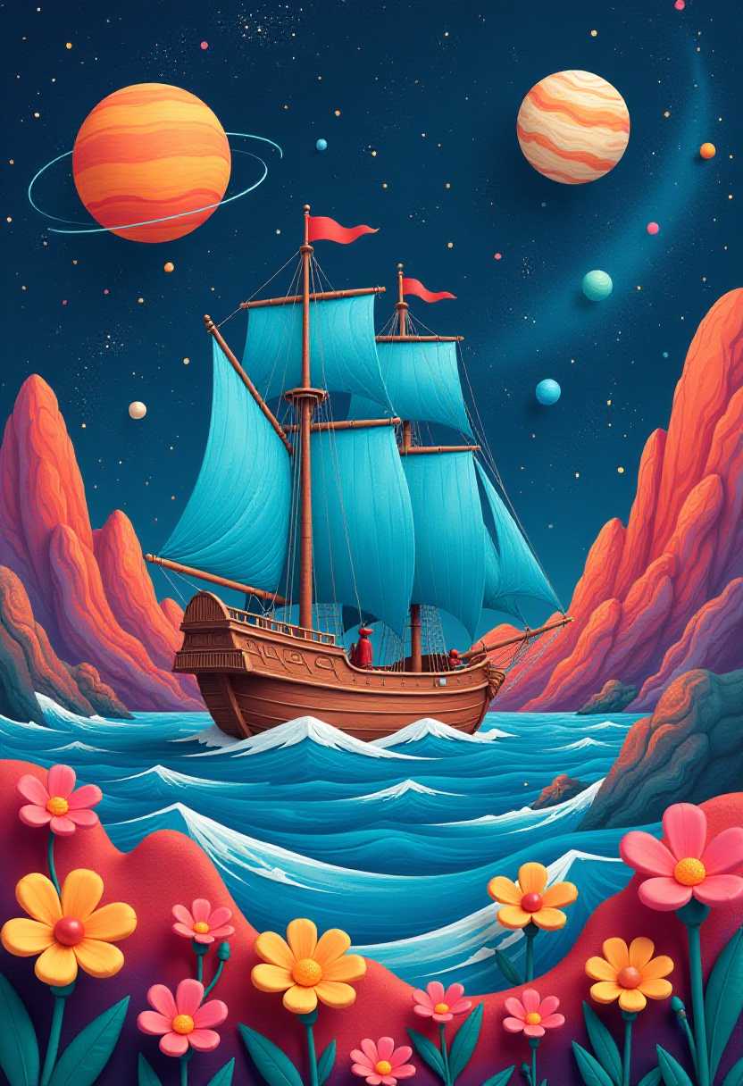 This image features simplified 3d characters and scenery that appears to be painted wooden figures or puppets without strings characterized by bold outlines, flat colors, and exaggerated shapes. The image depicts a vibrant and colorful scene featuring a large ship with billowing blue sails sailing through a dynamic ocean. The background showcases a stunning cosmic landscape filled with swirling galaxies, planets, and stars. There are bright, multicolored flowers in the foreground, adding to the overall surreal and fantastical atmosphere of the artwork.