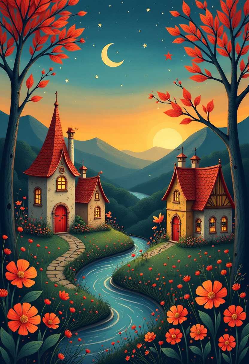 This image features simplified 3d characters and scenery that appears to be painted wooden figures or puppets without strings characterized by bold outlines, flat colors, and exaggerated shapes. This image is a whimsical and enchanting depiction of a magical village at twilight. The art style is reminiscent of naive or folk art, with its simplified forms and bold outlines. The sky transitions from a deep blue to a warm orange hue, suggesting the sun is either setting or rising. Stars and a crescent moon dot the sky, adding to the magical atmosphere. The village is nestled in a valley surrounded by rolling hills, with a small stream meandering through it. The water reflects the warm glow of the sky and the illuminated houses.The village consists of several charming, colorful houses with steep roofs and ornate details. Each house has its unique design, with patterns and motifs that suggest they are inhabited by different characters. The houses are adorned with flowers and plants, indicating a close relationship with nature.The foreground is filled with a vibrant array of flowers in red, orange, and yellow hues, with detailed petals and leaves. These flowers frame the scene, drawing the viewers eye towards the village. The trees in the background have fiery red leaves, which contrast beautifully with the cool blues and greens of the sky and water.Overall, the image exudes a sense of wonder, peace, and enchantment, inviting the viewer into a world where magic and nature coexist harmoniously.