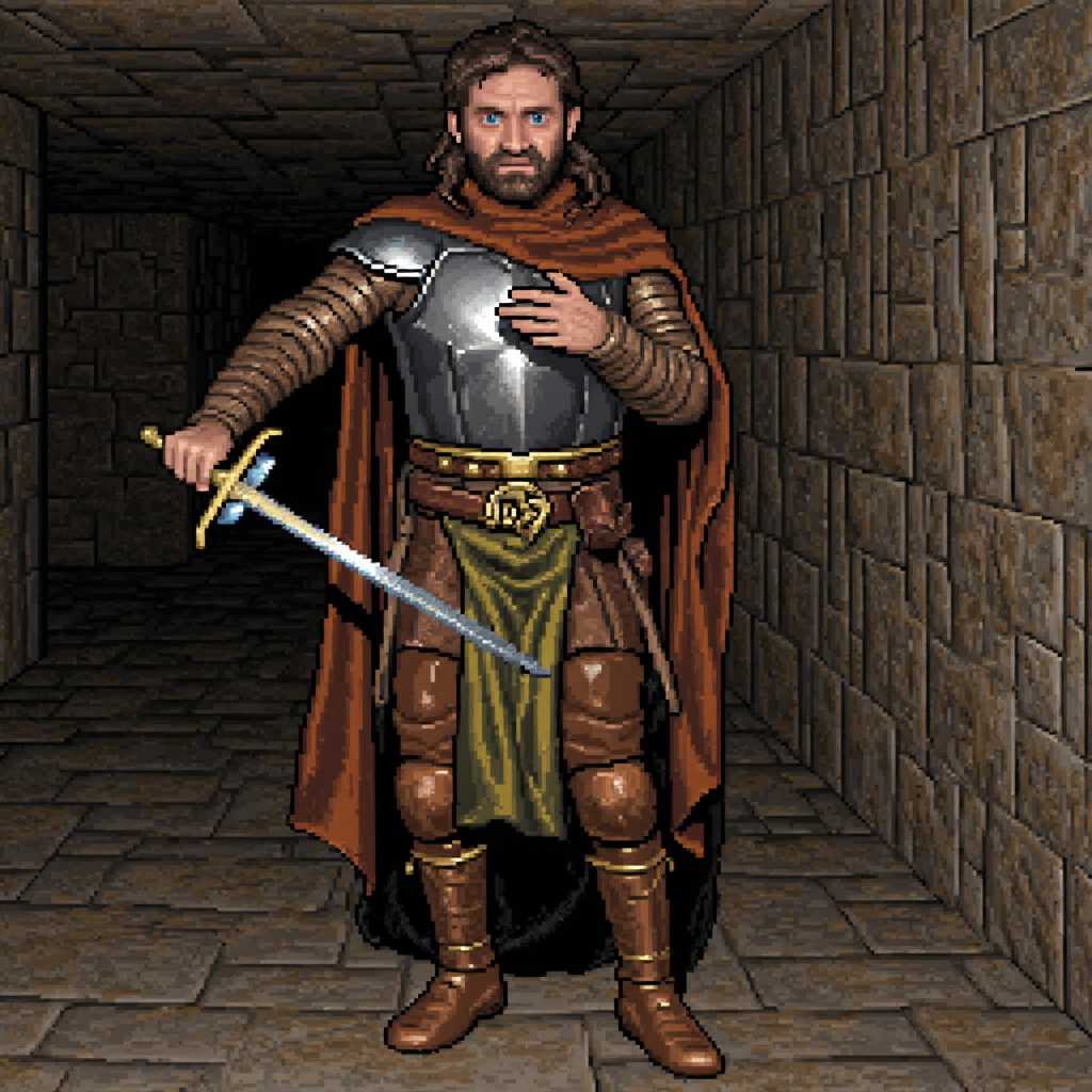 portrait of VincentD wearing a sword in a dungeon, ey3beho1der,