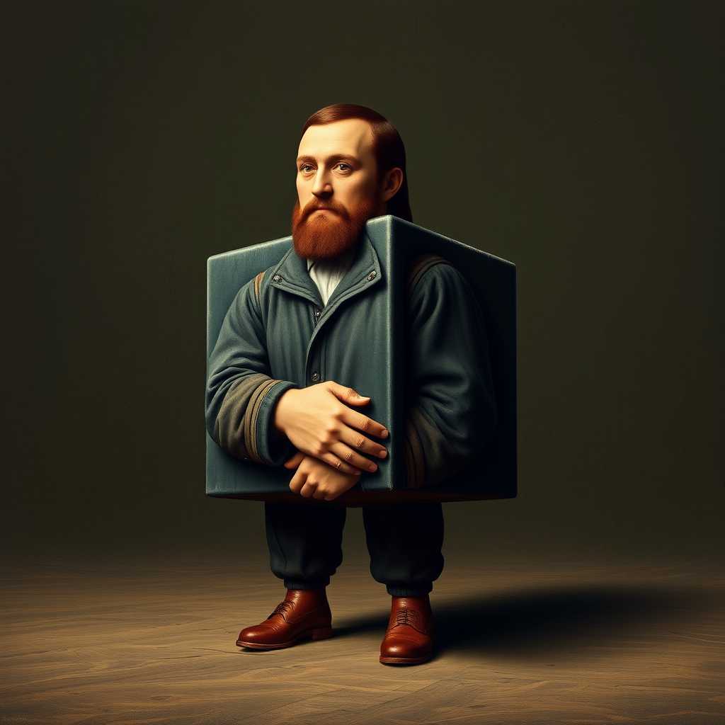 VincentD, The image is a highly detailed, digital artwork featuring a photo ofVincentD. VincentD is depicted with a unique, cube-shaped body.,