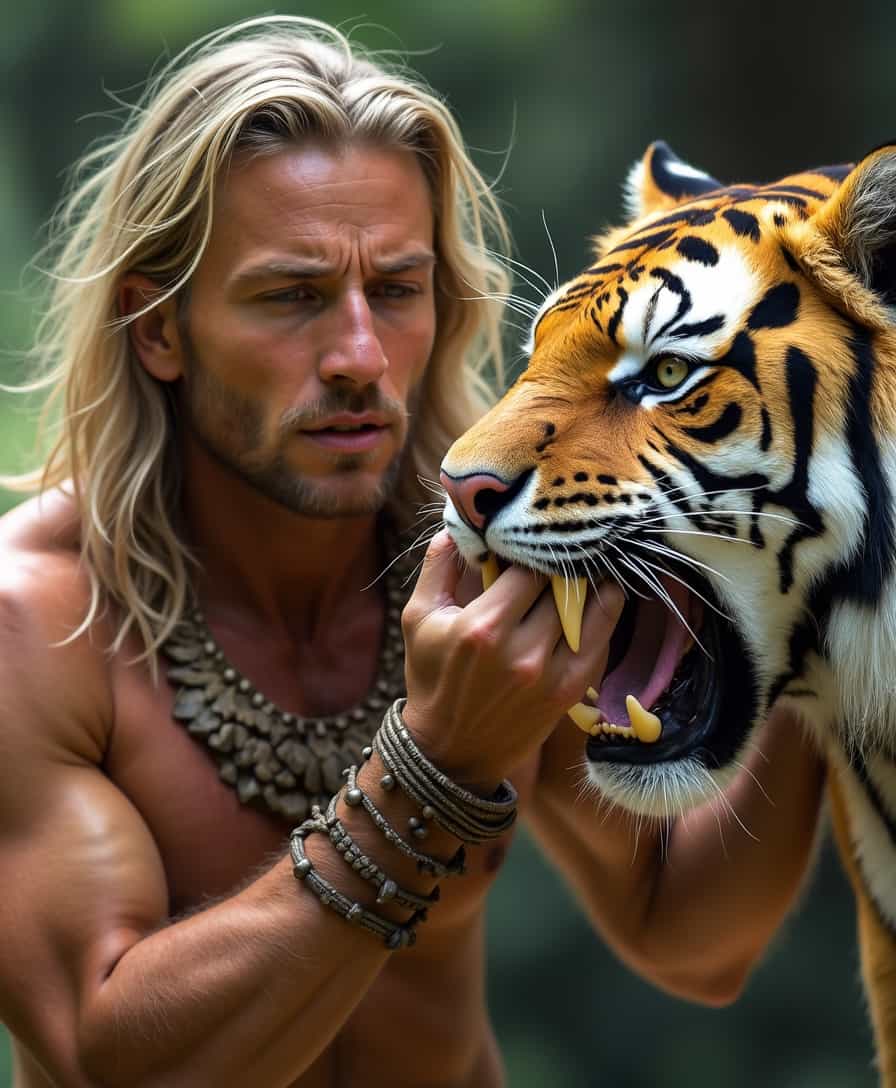 Create a realistic life still photo of a prehistoric man with long blond hair bare-chested warrior with a tribal necklace of ivory fangs around the neck, improved details, caress a large saber-toothed tiger, with his expression intense and determined. The big saber-toothed tiger has a fierce look, its mane is flowing wildly, and try to bite down on man's arm saying no, no suppositories.