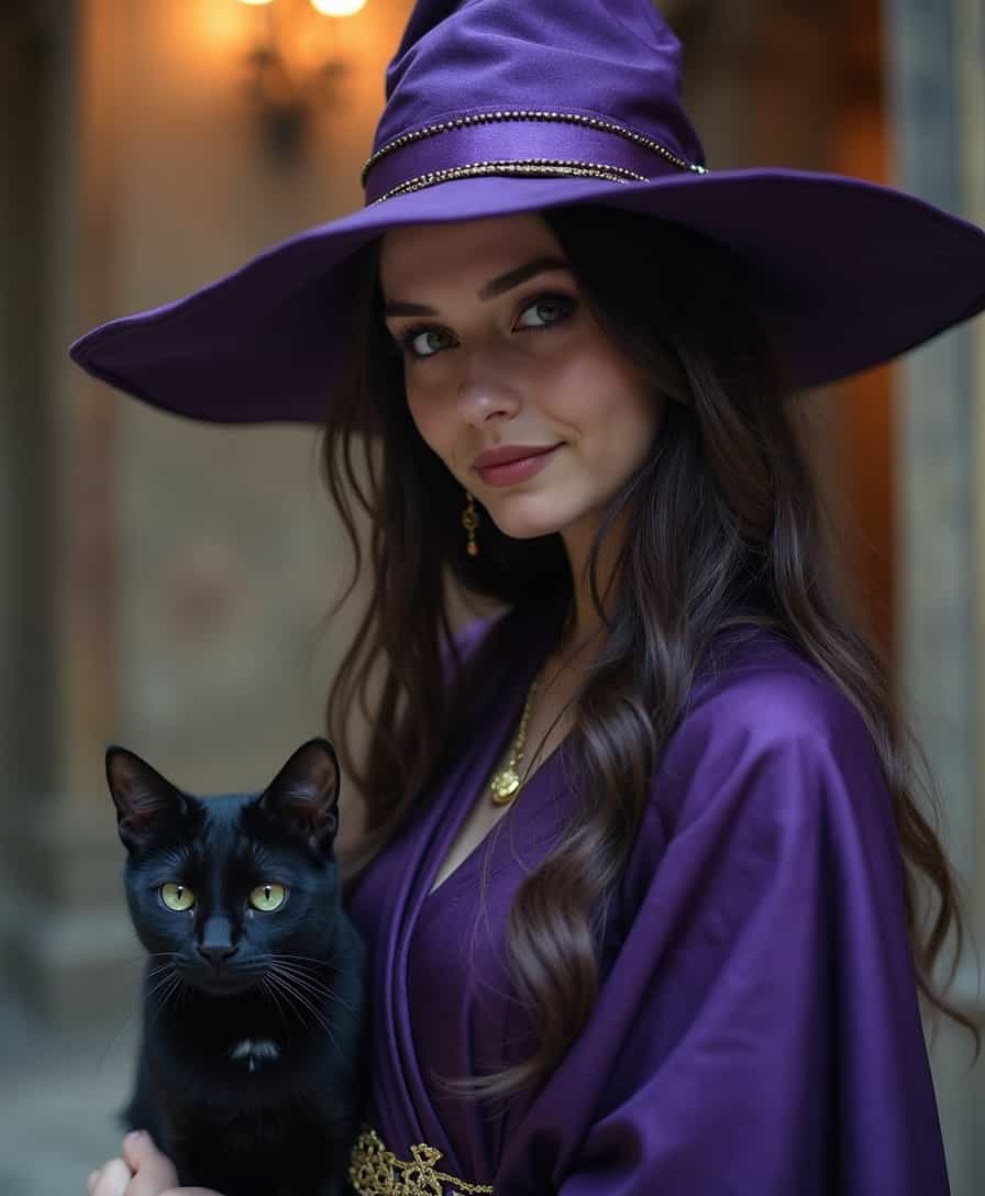 masterpiece, cinematic photography, highest quality, a gorgeous 23yo witch in her hidden laboratory within the depths of a grand medieval castle, ancient dark purple witch robe and hat, black cat, extreme close-up eye view, HalloweenGlowStyle, 