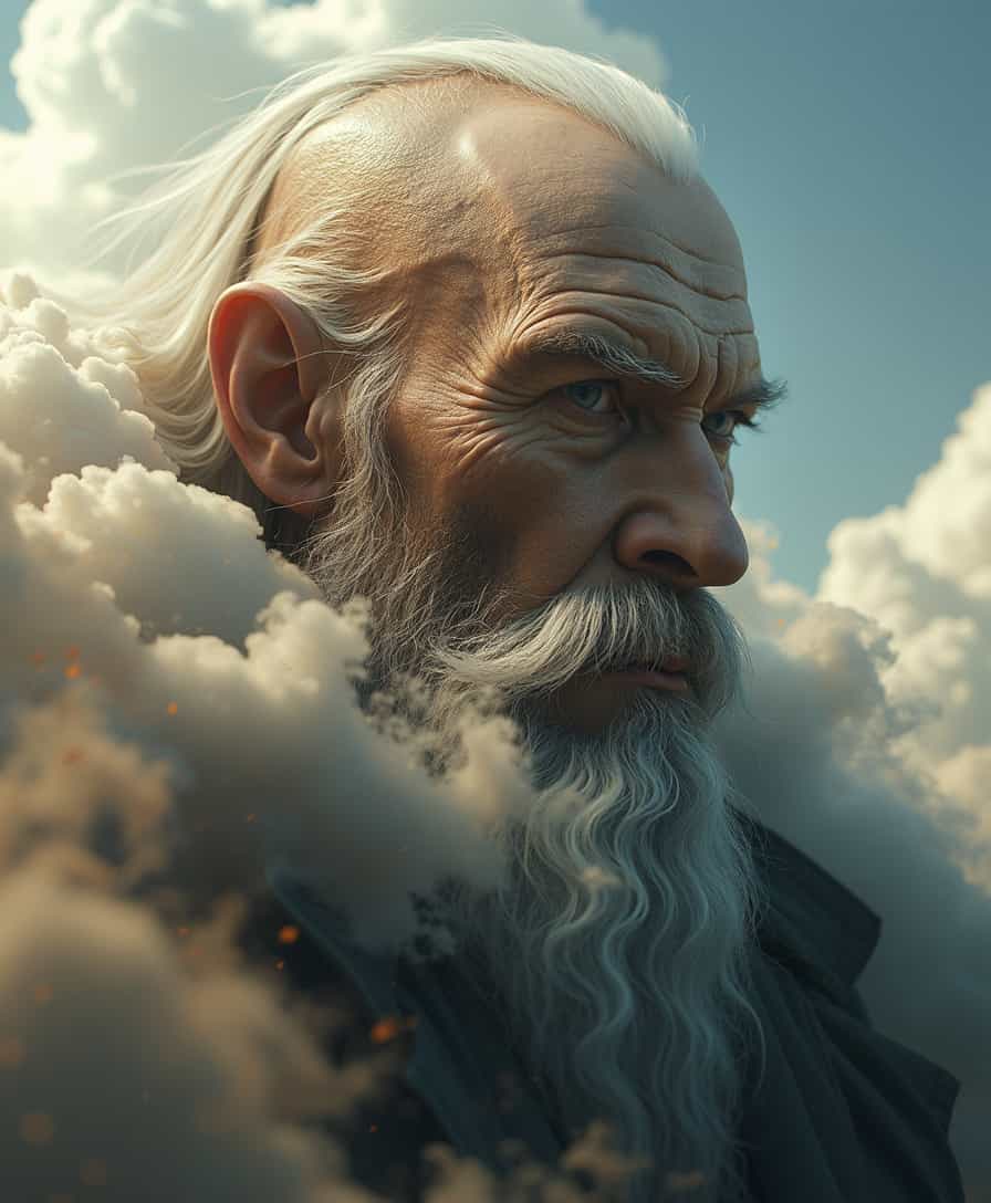 realistic skin and textures, amazing quality, masterpiece, the best quality, hyper detailed, ultra detailed, UHD, perfect anatomy, epic, rich detail, high color contrast, dramatic lighting, rich colors, clouds form Odin, clouds become Odin's giant face, double exposure fractal art, haute couture, digital art portrait, Bastard sword, atmospheric coloring, political satire, haute couture, Japanese mystery fiction, fashion.