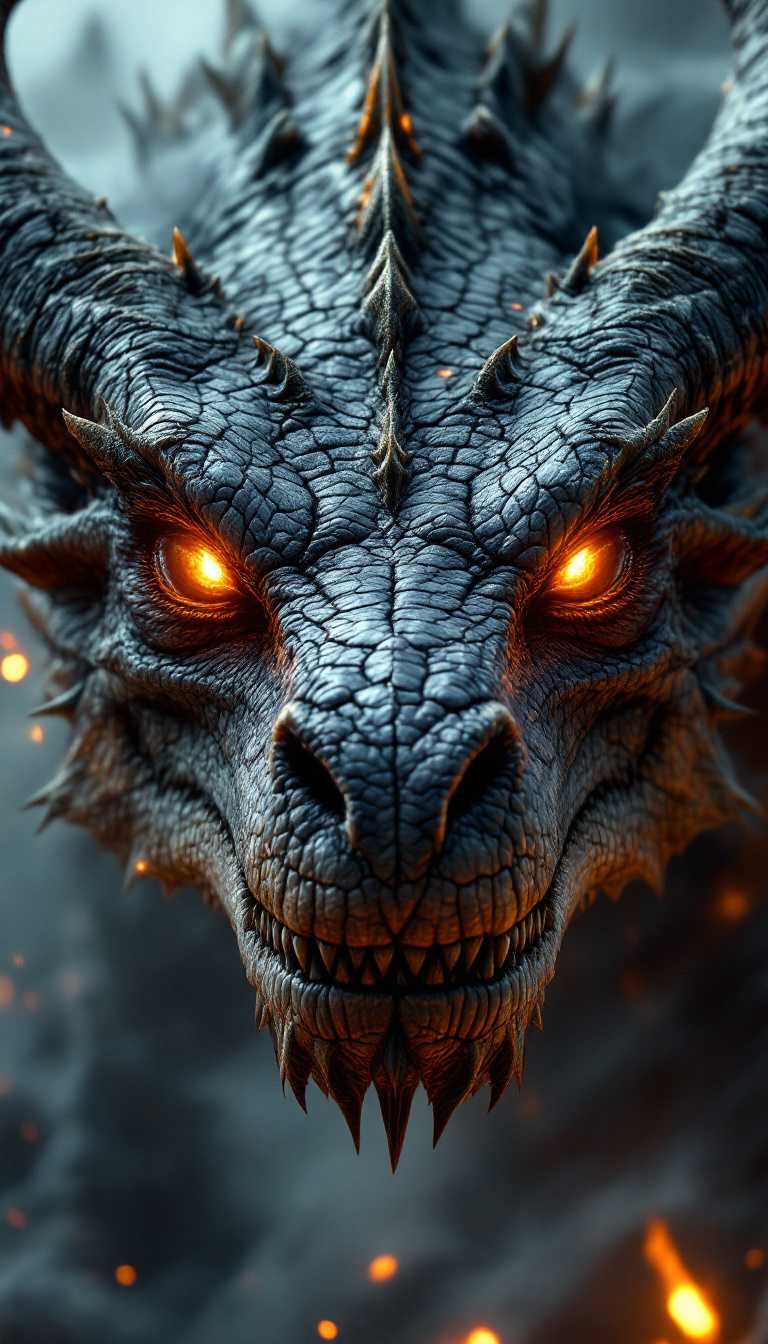 Ultra-photorealistic closeup of an ancient dragon's face, its massive, weathered scales cracked and scarred from millennia of battle. The dragon’s piercing, glowing eyes hold a wisdom and power beyond time, flickering with a faint ember-like glow. The surface of its skin is intricately detailed, with fine textures where the scales meet, some glinting in the soft light. Haze surrounds the scene, softening the edges of its enormous, ridged snout and the sharp contours of its horns, which curve back in a majestic display of age and strength. The background is a cinematic blur of smoke and mist, with faint glows of orange light from distant flames, enhancing the dragon’s ancient, mystical aura.