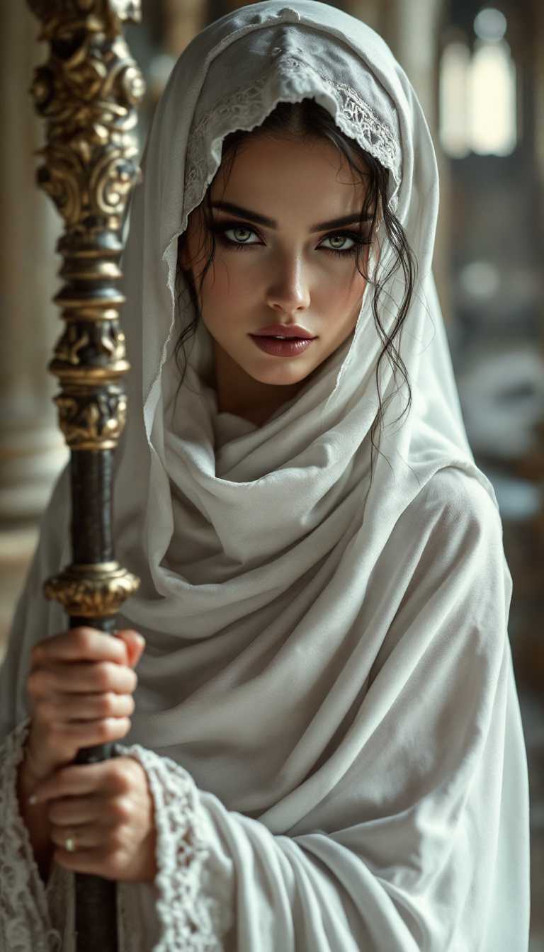 masterpiece, cinematic photography, highest quality, a gorgeous 23yo ancient priestess, smokey eye make-up, ancient white full body suit covered from the neck below, holds an ancient priest battle staff, ancient cathedral, extreme close-up face view, ArsMJStyle, dnddarkestfantasy, 