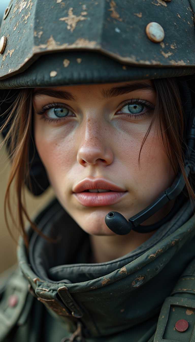 masterpiece, cinematic photography, highest quality, a gorgeous 23yo female soldier, geometric shapes with sharp edges, dirty used and scratched gear, extreme close-up face view, high-tech style, 

