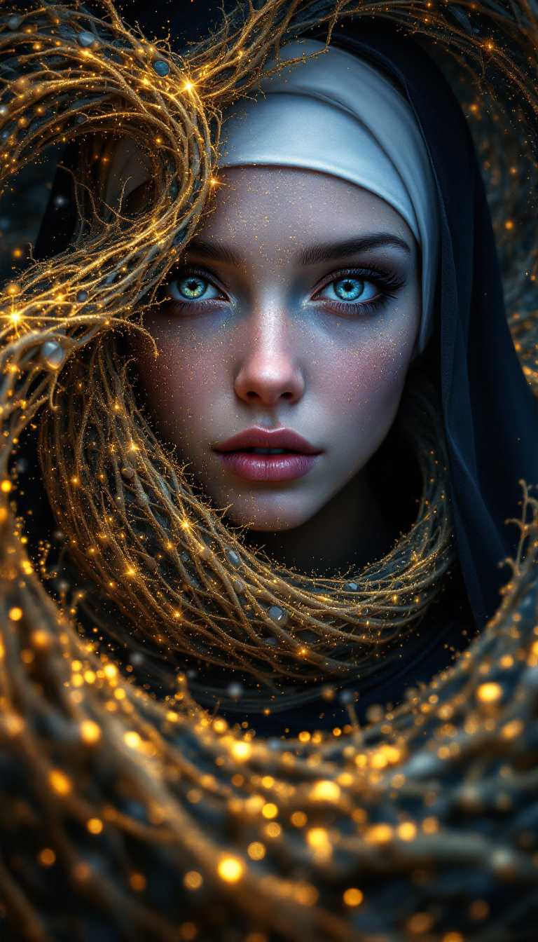 masterpiece, realistic scenery, ultra high quality, a gorgeous 23yo nun in an endless spiral of doubt, extreme close-up face view, apophysis, Fractal art, 