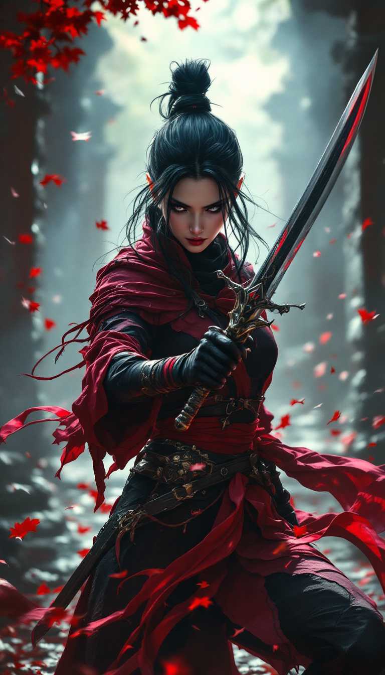 masterpiece, realistic scenery, ultra high quality, a highly trained gorgeous 23yo assassin woman inspects her deadly sword, beyond the black rainbow, ArsMJStyle, dnddarkestfantasy, 