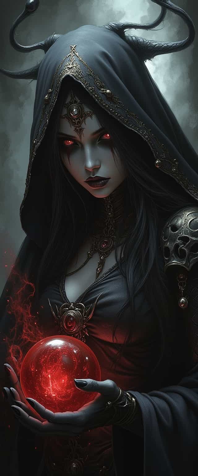 ArsMJStyle, dnddarkestfantasy, Dark Moody Atmosphere, Avant-garde, painting, evil, unsettling, best quality, masterpiece (Luis Royo style drawing), detailed face, face in sharp focus and intricate detail, extremely detailed, great lighting, BREAK, intricate details, Mystical light. Fog. female oriental necromancer mage, evil and mystical, with spiky robes that seem made of black cloth with golden stitches. a ball in one hand and mysterious beast skull in another hand, Rubies, symbolizing their magical power. Glow. alchemical laboratory, blending the natural with the magical, Soft natural lighting, High Definition HD, High Detail, Perfect Composition, dark fantasy movie