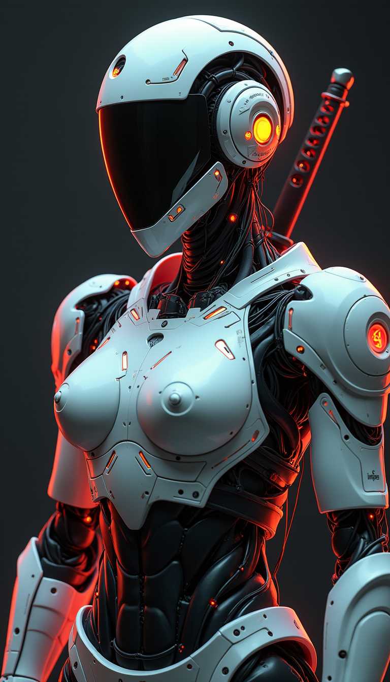silhouette art, style,ArsMJStyle, dnddarkestfantasy, cyberpunk robot samurai woman, robot face with mirrored face shield, hyperdetailed helmet, white and neon armor, robot joints, body made of metals, cables and wires, holding a katana by the hilt, dark background, chiascuro, light hitting one side of face