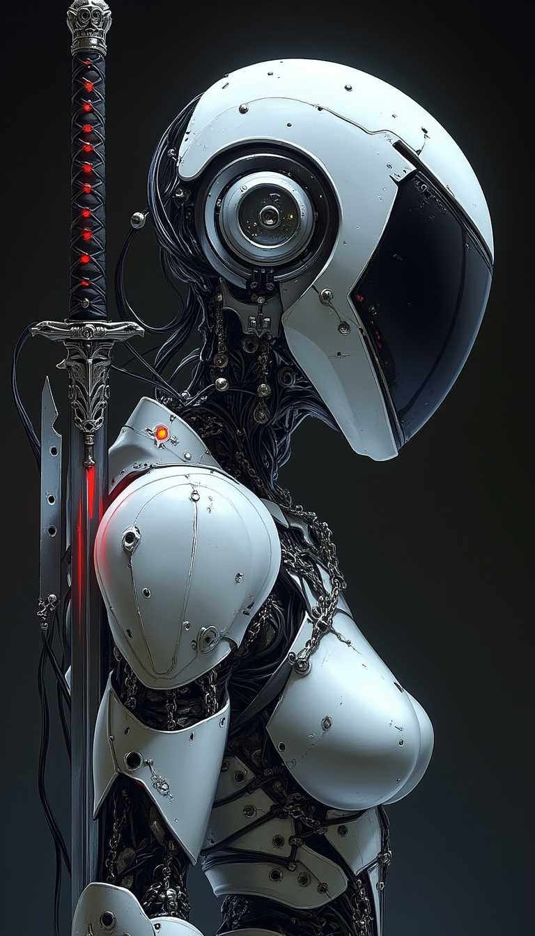 ArsMJStyle, dnddarkestfantasy, silhouette art, style,ArsMJStyle, dnddarkestfantasy, cyberpunk robot samurai woman, robot face with mirrored face shield, hyperdetailed helmet, white and neon armor, robot joints, body made of metals, cables and wires, holding a katana by the hilt, dark background, chiascuro, light hitting one side of face