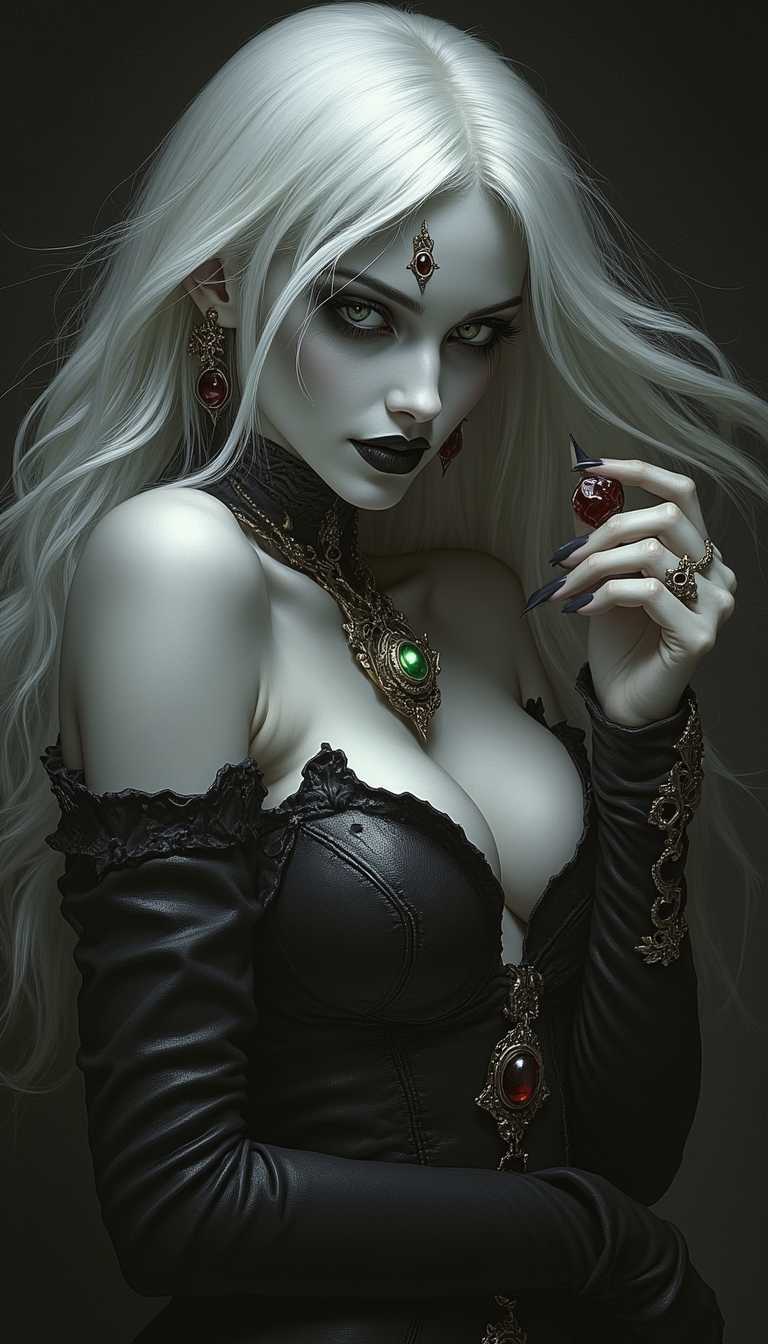 ArsMJStyle, dnddarkestfantasy, masterpiece, cinematic photography, highest quality, a stunning vampire MILF with pale skin and long, flowing white hair. She is smiling seductively, revealing her sharp fangs, as she holds a single blood candy delicately between her fingers. Her dark, alluring eyes are accentuated by smokey eye makeup, and her lips are painted with bold black lipstick. She is dressed in an elegant black dress, with her pale, exposed shoulders adding to her ethereal beauty. Adorned with cursed gold jewelry, the intricate designs glow faintly with a sinister energy. The mood is dark and gothic, perfectly capturing the ArsMJStyle, dnddarkestfantasy, and F4ngs aesthetic. The atmosphere is mysterious and captivating, evoking the essence of a dark, fantastical world, dnddarkestfantasy, fangs, Perfect hand