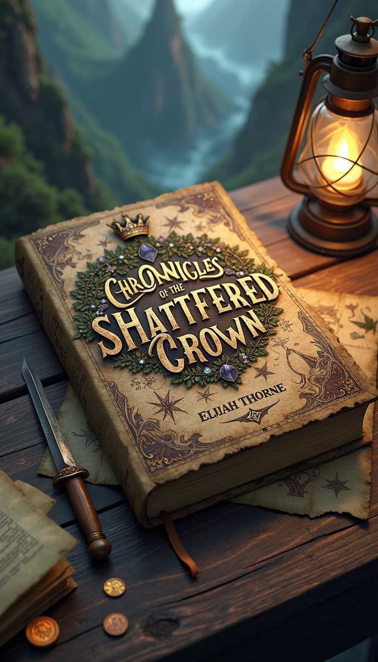 The hyper-realistic mock-up of the book "Chronicles of the Shattered Crown" is a breathtakingly epic representation of the fantasy adventure story within. The cover features a striking, intricately detailed illustration that showcases the grandeur and danger of the realm inside. At the center of the cover, the title is written in bold, metallic lettering, with each word cleverly integrated into the design of a majestic, weathered crown. The text is presented in a gleaming, tarnished gold, giving the impression of ancient treasure and forgotten battles. The crown itself is composed of intertwining vines and leaves, with gemstones that sparkle with an otherworldly light. The words "Shattered Crown" are cleverly incorporated into the design, with the letters formed from the breaks and cracks in the jewel-encrusted band. Surrounding the crown is a sprawling, detailed map, drawn in the style of ancient parchment and depicting the various lands and kingdoms of the story. The map is filled with tiny, intricate illustrations of mythical creatures, towering castles, and hidden secrets, drawing the viewer in and inviting them to explore. The background of the image extends the map from the cover, expanding it to reveal even more of the vast, fantastical world. The mock-up is set on a rough-hewn, wooden table, scattered with parchment scrolls, antique coins, and a gleaming dagger. Behind the table, a dramatic landscape unfolds, complete with craggy mountains, dense forests, and a stormy sky, all rendered in stunning, photorealistic detail. The scene is lit by the warm, inviting glow of a nearby lantern, casting dramatic shadows and highlighting the texture of the aged wood and worn metal. The author's name, "Elijah Thorne," is presented in a strong, serif font at the bottom of the cover, carved into a faded, stone tablet. The text is overgrown with moss and vines, as if reclaimed by nature over time. The overall effect is one of immersion and escapism, as if the book is a portal to another world, waiting for the reader to step through and embark on their own adventure. Every element of the design works in harmony to capture the thrilling spirit of the fantasy story within, promising a tale of bravery, magic, and discovery., 