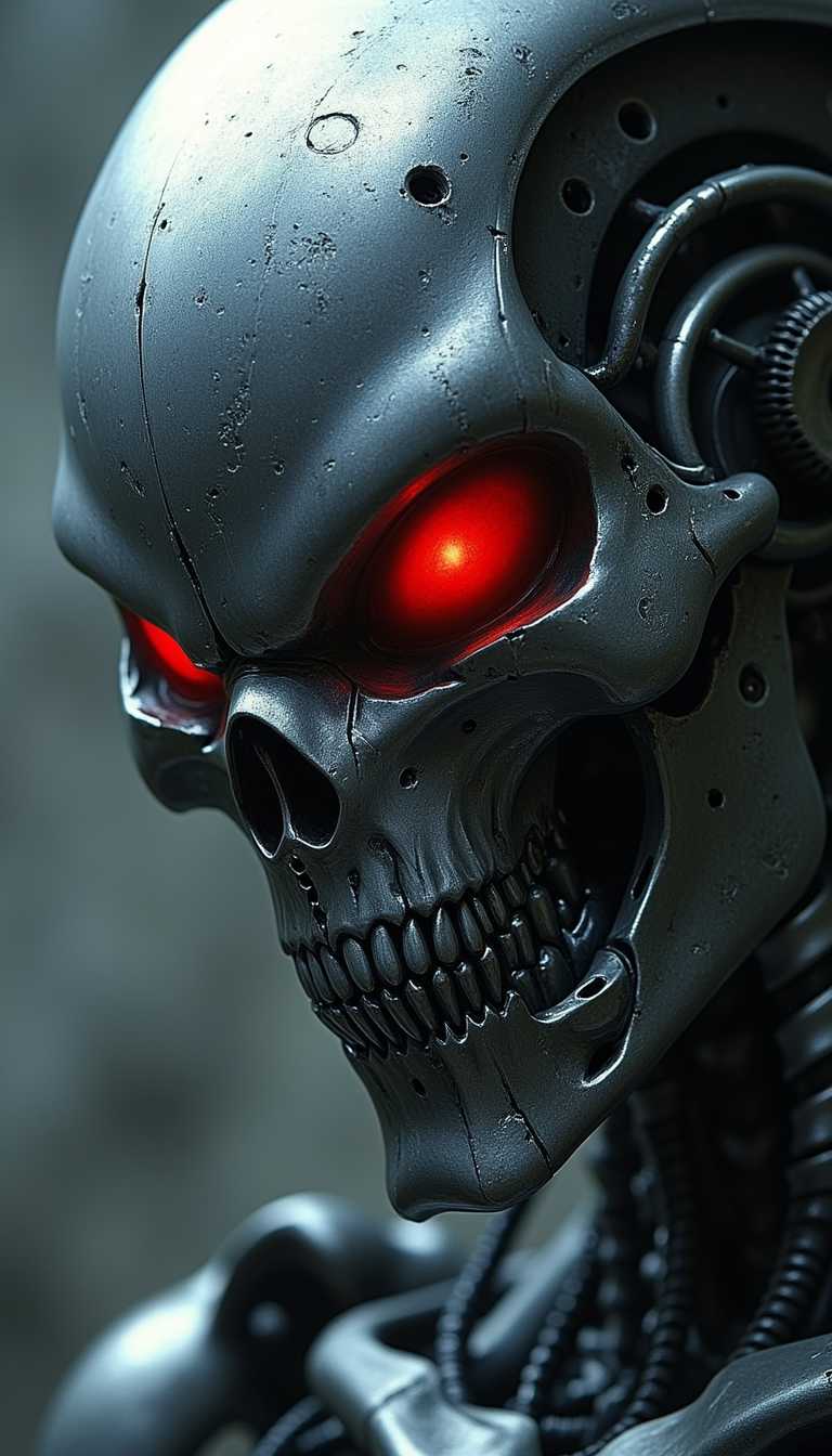 close up on face, great lighting, intricate detail, portrait of endoskeleton of terminator cybernetic machine soldier style xenomorph alien queen, with titanium skull and red glowing mechanical eyes, High Detail, Perfect Composition, realistic photographic image, interesting backlighting, ArsMJStyle, dnddarkestfantasy, mythp0rt