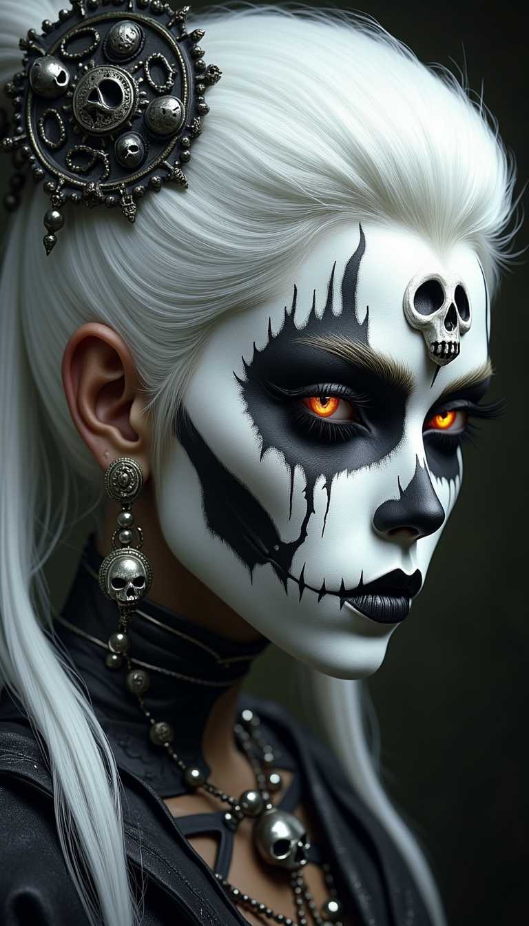 ArsMJStyle, dnddarkestfantasy, portrait of beautiful oriental female shaman, white hair with skull-themed hair ornaments, black and white face paint in a skull fashion, burning bright eyes. Perfect Composition, realistic photographic image, RAW photo highest quality, perfect directional lighting, highly detailed face, dark eye-shadow, high contrast, viewed from side, 