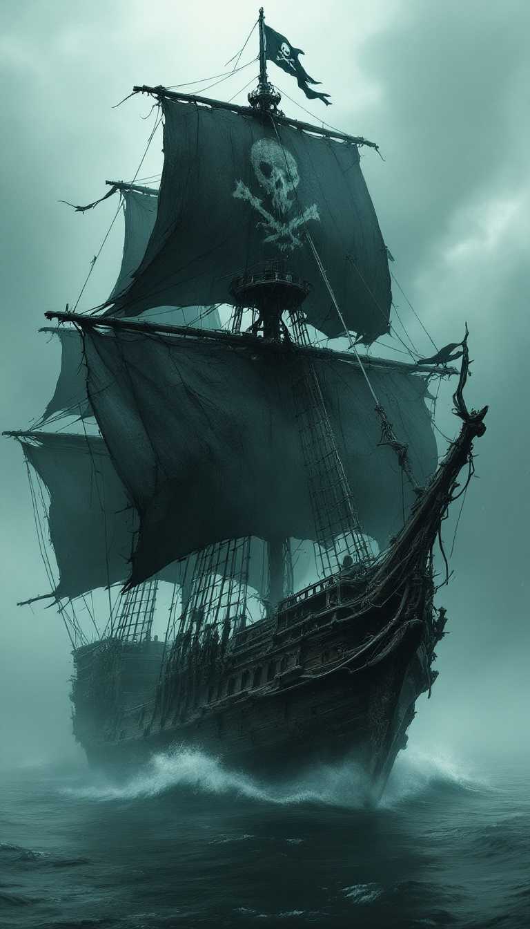 masterpiece, a pirate ghost ship, tattered rigging, tattered black sails, jolly roger flag, materialises from the mist, HD32K, wallpaper, hyperdetailed, mythp0rt, ArsGreenMistWorld, ArsMJStyle, dnddarkestfantasy
