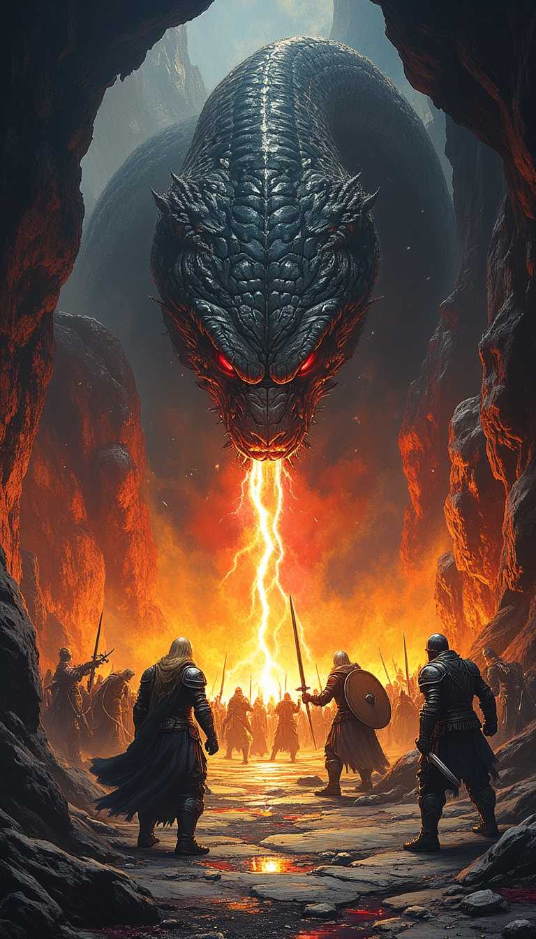 , , ArsMJStyle, A Lightning in the middle of the composition enlight the scene:  art style by frank frazetta, A fierce battle unfolds in a dark, cavernous setting, dominated by a massive snake with human head with long blonde curly hair, a beautiful face, red eyes, squared face and jagged teeth. it unleashes a torrent of fire. Surrounding the snake, warriors in viking-style armor fight in desperation, wielding swords and shields. Their expressions range from fear to determination, with debris and blood scattered across the ground. Jagged rock formations cast deep shadows, while the griffin lightning and burning torches create an eerie orange glow, enhancing the scene's chaotic, intense atmosphere with realistic textures and dramatic lighting,