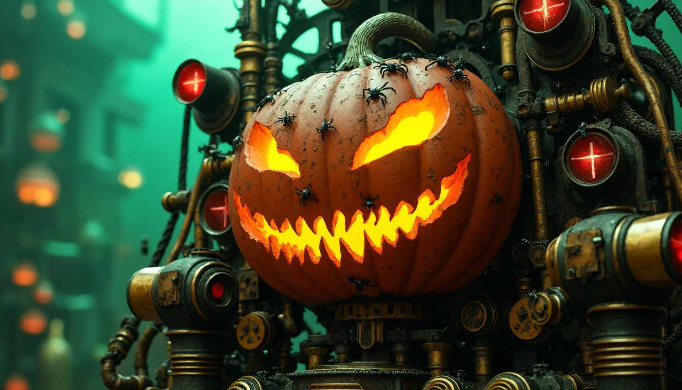 **Title**: "Steampunk Halloween Coffee Ritual"

**Visual Details**: In the heart of this scene stands a monumental steampunk coffee machine, a marvel of Victorian engineering fused with fantasy. The machine is a labyrinth of polished brass gears, winding copper tubes, and elaborate mechanical components. These intricate details are accentuated by phosphorescent green lights embedded throughout, casting an ethereal, ghostly glow that dances upon the metal surfaces. The focal point is an oversized jack-o'-lantern, its visage expertly crafted from a fusion of metal and pumpkin textures. The jack-o’-lantern's eyes and sinister, toothy grin emit a warm, inviting orange light that contrasts with the cooler hues of the machine. Crawling over the contraption are black spiders marked with ominous red crosses on their back, industriously weaving their webs amidst the machinery's levers and gears. 

**Style and Composition**: The image marries the surrealism of an imaginative Halloween tale with intricate steampunk aesthetics. The composition centers the coffee machine prominently, slightly off-center to the left to create dynamic tension and draw the viewer’s eye. A low camera angle is employed, magnifying the machine's towering, formidable presence and enveloping the viewer in its mysterious allure.

**Mood and Atmosphere**