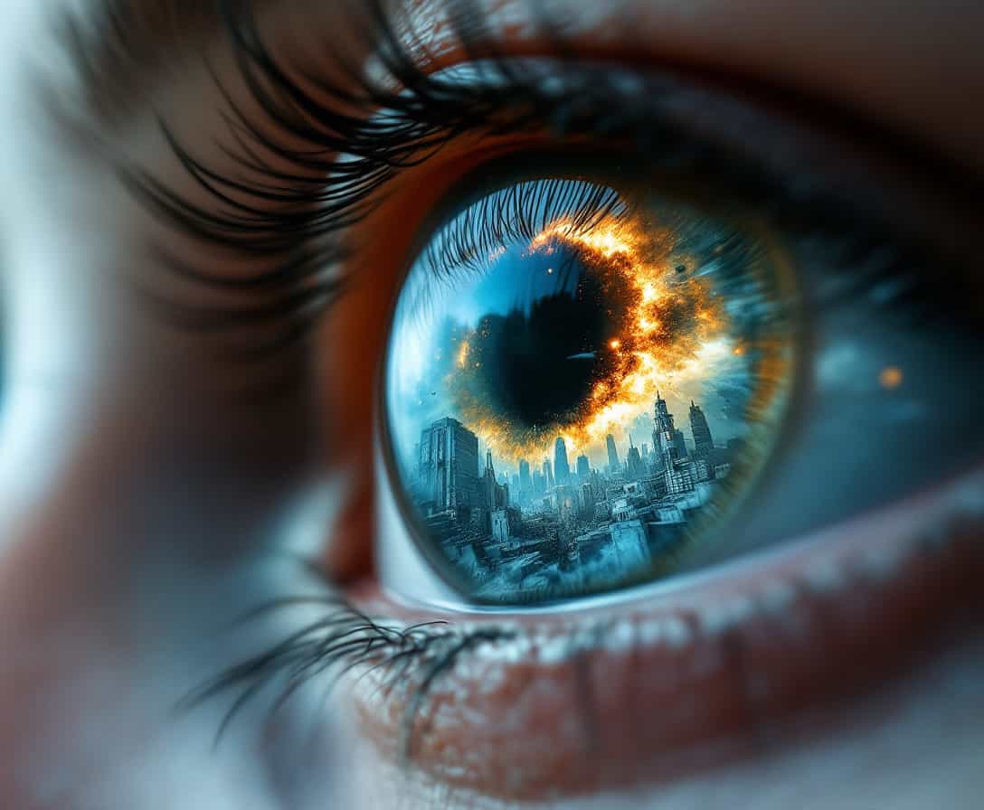 Create an image where the viewer is looking into a human eye. (man) In the eye's reflection, depict a futuristic and war-torn world. The landscape should be overrun with advanced AI technology, such as towering robots, autonomous drones, and dilapidated buildings covered in digital advertisements and holograms. The overall mood should be dark and dystopian, with a cold, metallic color palette and hints of destruction. The eye itself should appear a nuclear explosion but with a hint of artificial enhancement, like a glowing cybernetic iris
