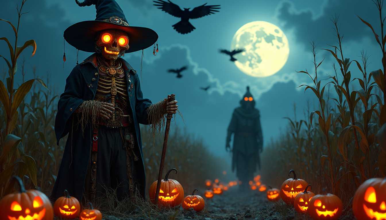 **Halloween Night Scene**

- **Visual Details**: In a symphony of deep blues, blacks, and warm earth tones, this Halloween landscape unfolds under the glow of a luminous full moon. Its spectral light casts elongated, eerie shadows across a cornfield, alive with towering cornstalks that sway and whisper in the night wind.
  
- **Central Focus**: At the scene's heart is an arresting steampunk scarecrow. Adorned with intricate gears and copper pipes, its eyes glow with an ethereal light, casting highlights on its Victorian and rustic machinery. Crafted from worn leather, brass, and weathered wood, it stands as a mysterious guardian against the haunting night.

- **Foreground Elements**: A scattered array of jack-o'-lanterns, carved with playful and grotesque faces, punctuates the ground. These pumpkins cast a warm, subdued glow that leads the viewer's eye deeper into the tableau.

- **Background Features**: A skeletal figure stands resolute in the backdrop, clutching a weathered scythe. Its presence complements the scene, enhancing the eternal and enigmatic mood. Overhead, a murder of ravens sketches inky silhouettes against the moonlit firmament, their occasional caws weaving a tapestry of suspense