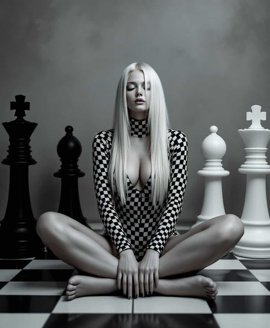 photo, thin, Image is a surreal, artistic photograph featuring a woman with long, straight, platinum blonde hair sitting cross-legged on a large chessboard. She is wearing a form-fitting bodysuit with a black and white checkered pattern that matches the chessboard beneath her. The background is a muted, textured wall with subtle, faded patterns. Surrounding her are oversized chess pieces, including a black king and queen on her left and a white king and queen on her right. The lighting is soft, creating a dreamlike atmosphere. Her skin is pale, and her expression is serene and contemplative, with her eyes closed and hands resting on her knees. The overall composition is balanced and visually striking, emphasizing the contrast between the black and white elements in the scene. , 