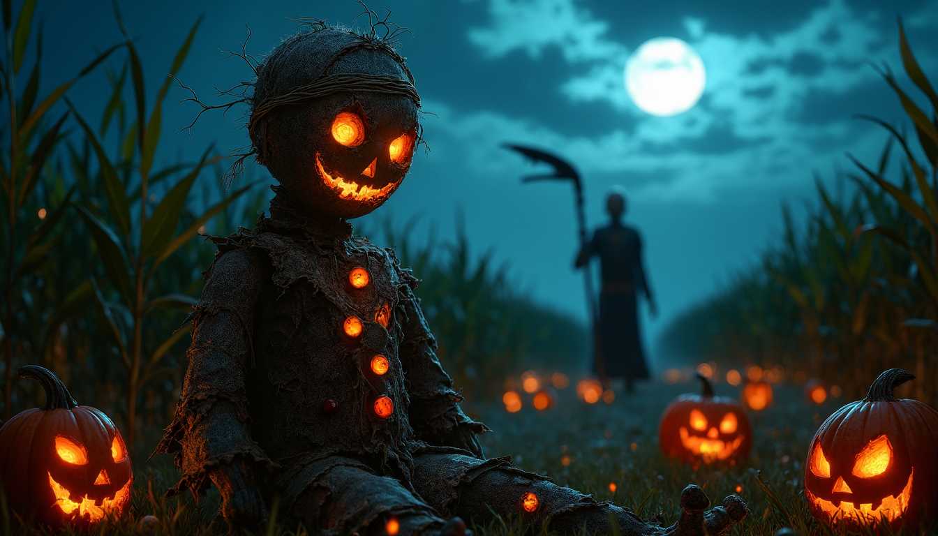 **Title: Haunting Harvest Night - A Cursed Voodoo Mystery**

Create a captivating scene set during a Halloween night, bathed in a moody palette of deep blues, blacks, and warm earth tones. The central landscape features a desolate cornfield under a luminous full moon. The moonlight casts long, eerie shadows across the scene and illuminates the towering cornstalks that sway gently in the ghostly breeze.

At the focal point of the composition is a cursed voodoo doll, crafted from rough, textured fabric and bound by rugged twine. Its button eyes emit a faint, malevolent glow, like embers smoldering in the darkness. Rusty pins protrude from its body at peculiar angles, enhancing its aura of dark mystique and threatening presence.

Scattered across the ground are jack-o'-lanterns, each with grotesquely distorted faces, their flickering candlelight casting a subdued glow that punctuates the darkness. This light guides the viewer’s eye through the scene, creating a path of haunted illumination.

In the background, a stoic skeleton stands vigil, clutching a weathered scythe with its bony fingers. Its stance is both menacing and protective, serving as a guardian of the cursed