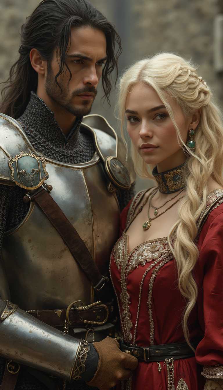 stunningly beautiful oriental woman with long blonde hair, and earrings, armlets, jewellery, slave collar standing alongside a handsome prince (wearing medieval armor) against the walls of a castle , hyperdetailed photo, absurdres, intricate details.  She has a collar round her neck, and the man is holding the lead of the collar 