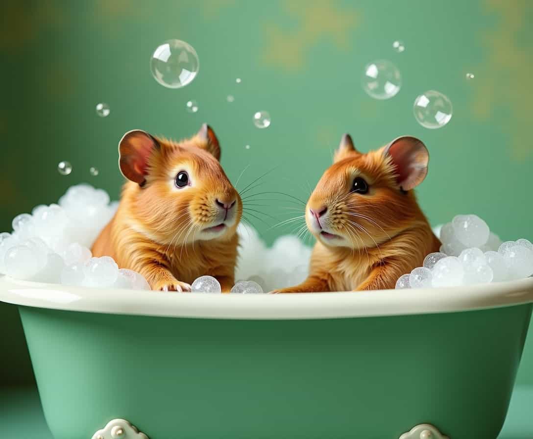 In a Green vintage-styled bathroom filled with bright bubbles , two playful brown  Guinea pigs  , style photo studio sitting in a bathtub full of foam and water  . The scene immediately transports us into a whimsical painting, where every detail of the rabbit' s delight is captured flawlessly. Their animated movements and beaming expressions truly come to life in this vividly enchanting image, created with exceptional artistry and attention to detail.