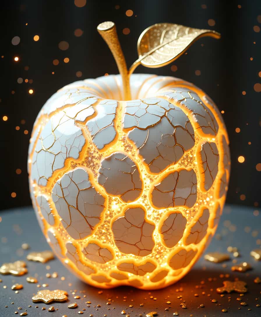 golden cracks on white, elaborate apple, glowing, glitter