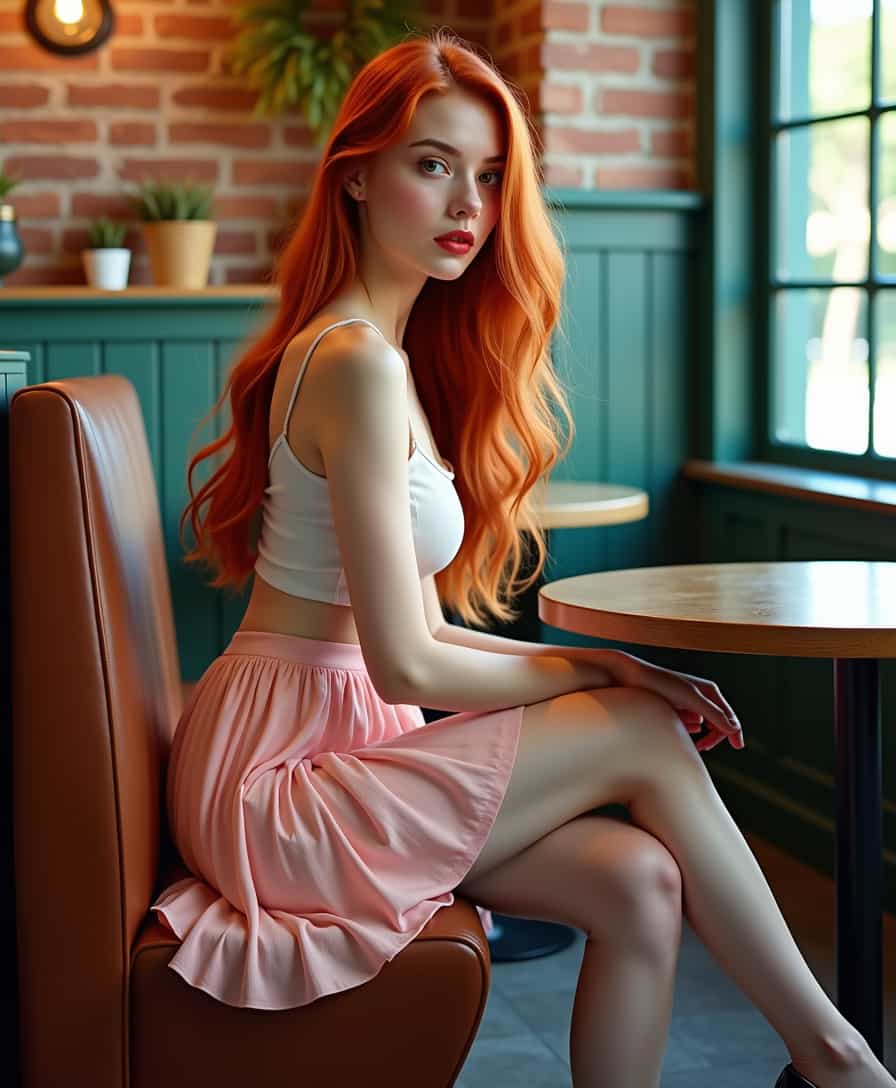 Redhaired woman in pink dress sitting at a table in a restaurant