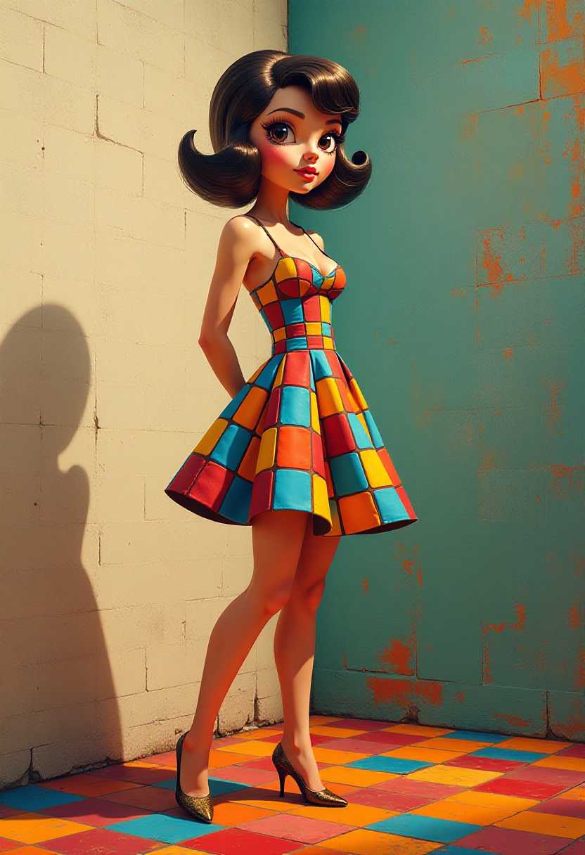 This image is a 3D rendered scene that captures a stylized female figure in a vibrant and dramatic setting. The art style is reminiscent of a pinup or burlesque aesthetic, with a focus on exaggerated curves and a playful, seductive pose. This is an oil painting on canvas, characterized by its vivid colors and dynamic brushstrokes. The painting depicts a 3d cartoon girl, chibi big head, large eyes, hands behind back, with a vintage aesthetic, reminiscent of the 1940s to 1950s pinup style, in a dress that is patterned with Rubiks Cube designs, suggesting a playful and intellectual theme. The ground she is standing on is also patterned with Rubiks Cube designs. The background of the painting is a textured wall with a brick pattern, painted in a muted palette of creams, grays, and touches of orange. This contrasted with the bright colors of the girls dress, creating a visually striking image. The colors in the painting are rich and varied, with a predominance of primary colors like red, blue, yellow, and green. The interplay of light and shadow adds depth and dimension to the painting, highlighting the contours of the girls body.